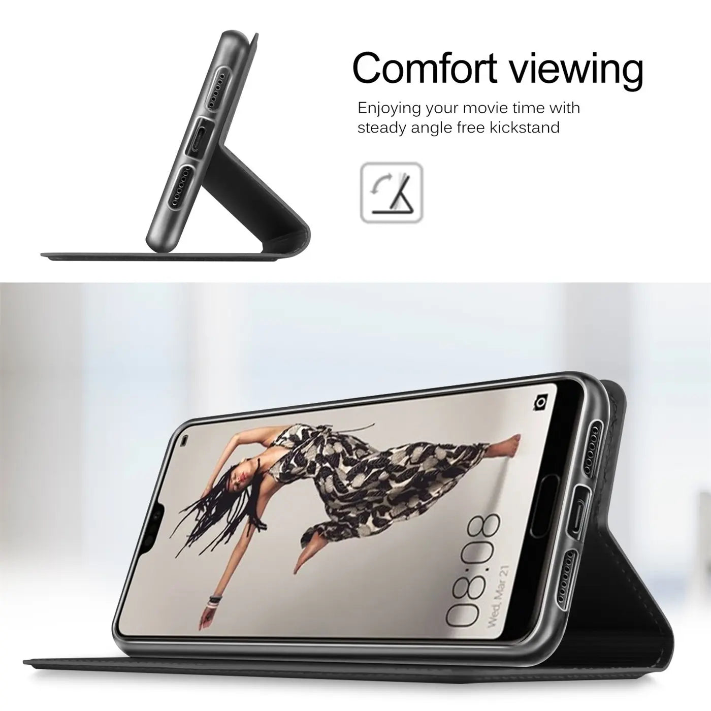 Graue Metallic-Flip-Hülle mit integriertem Ständer für Huawei P20 Pro, Seitenansicht.