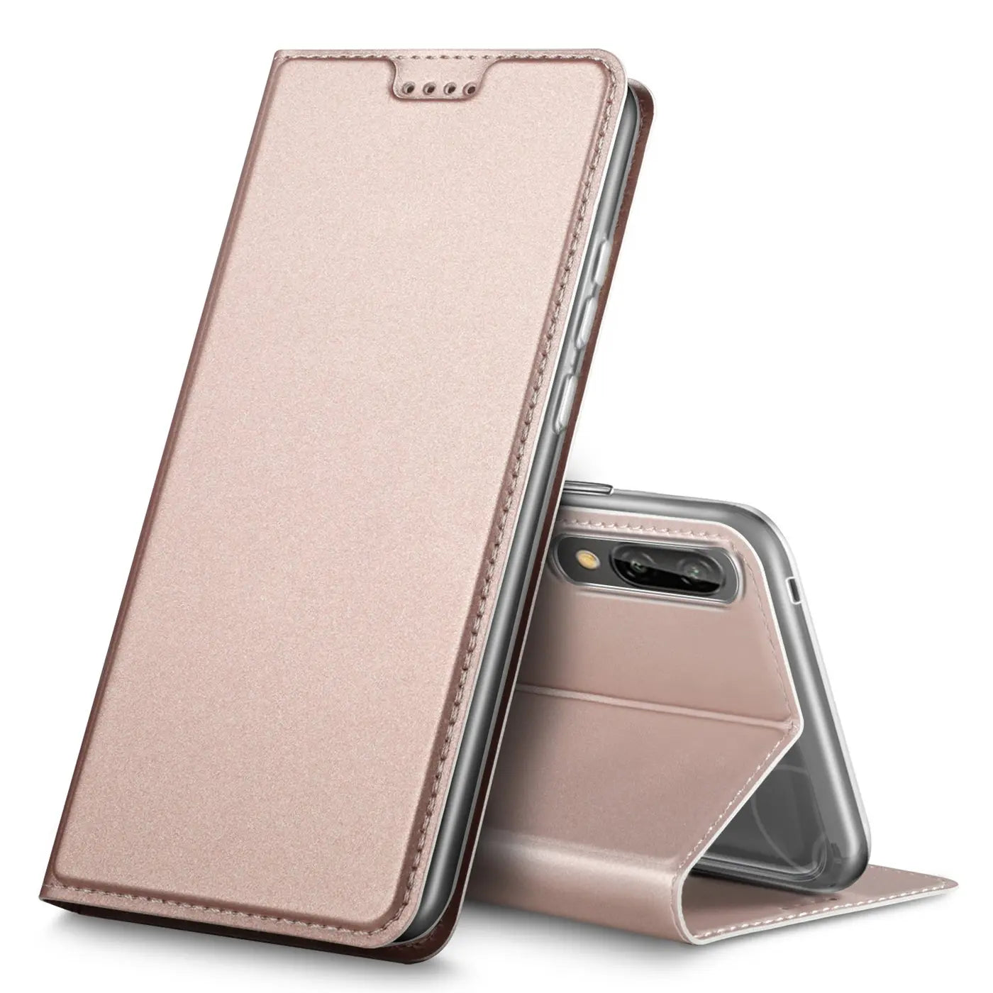 Metallicrose Flip Hülle, Kunstleder, Huawei P20, von vorne schräg