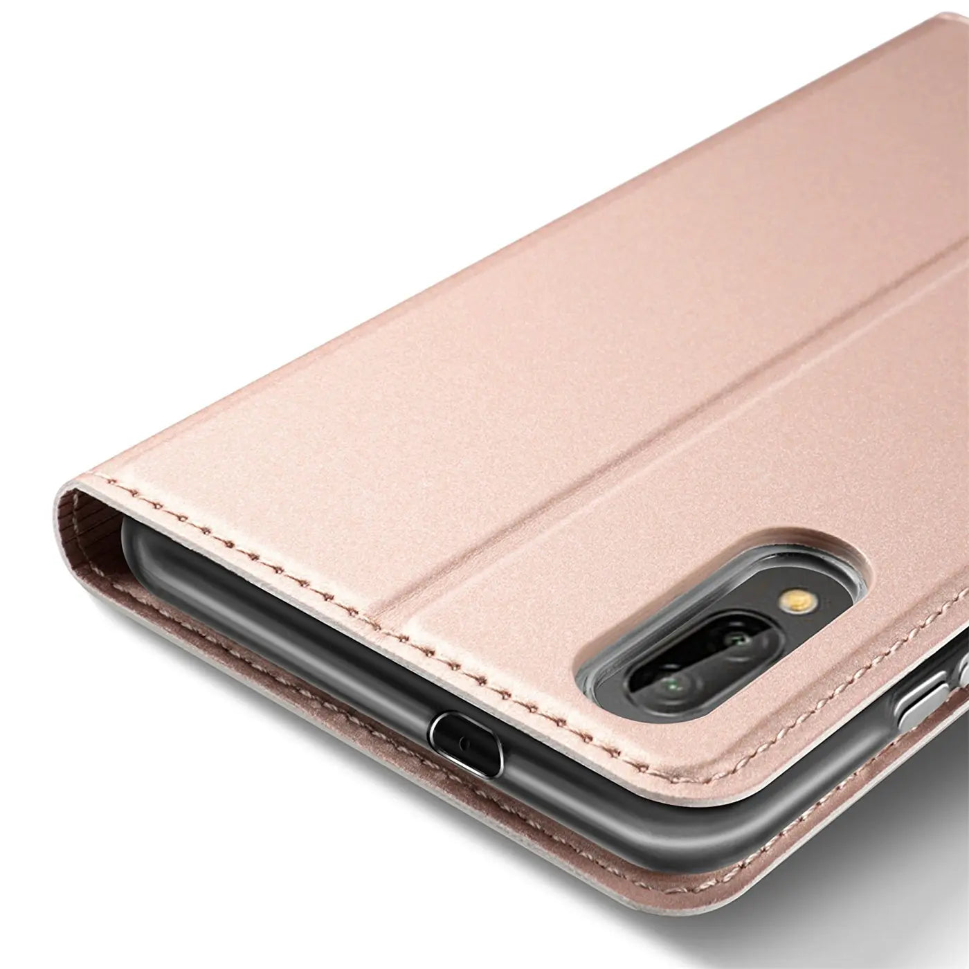 Metallic rosegoldene Klapphülle aus Kunstleder für Huawei P20, Nahaufnahme von oben.