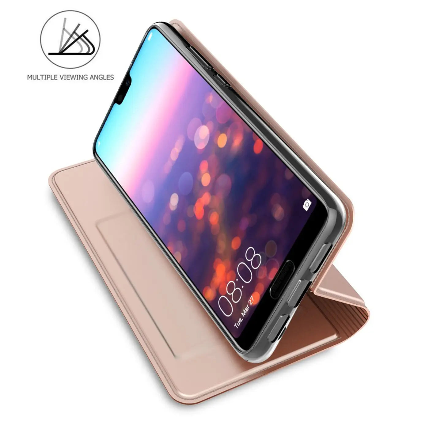 Metallic rosegoldene Klapphülle aus Kunstleder für Huawei P20, von schräg oben.