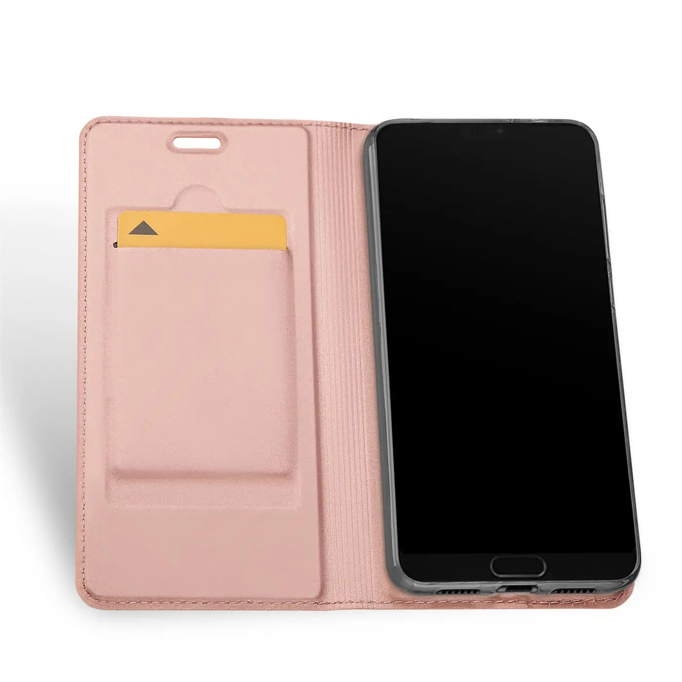 Rosa Kunstleder-Flip-Hülle mit Kartenfach, zeigt Huawei P20, von vorne