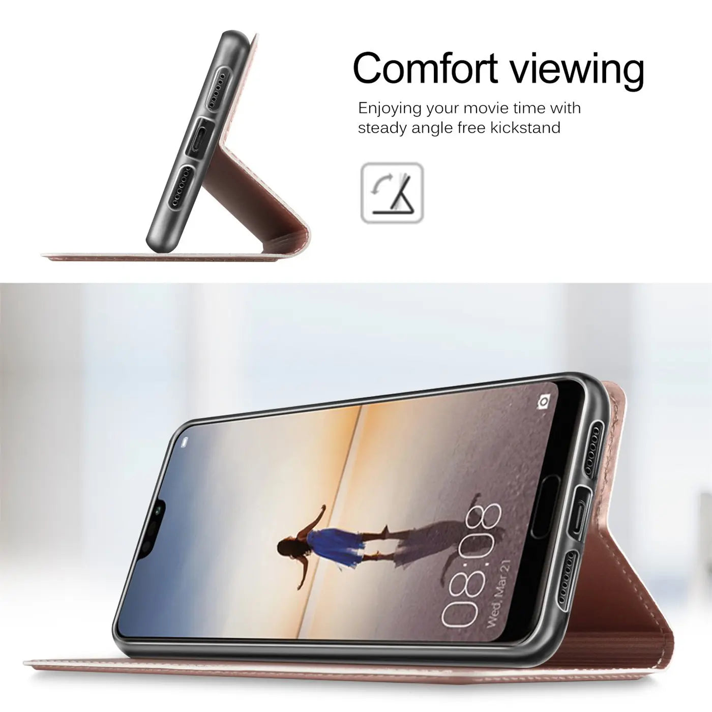 Braune Leder-Flip-Hülle mit Ständer für Huawei P20, Seitenansicht.