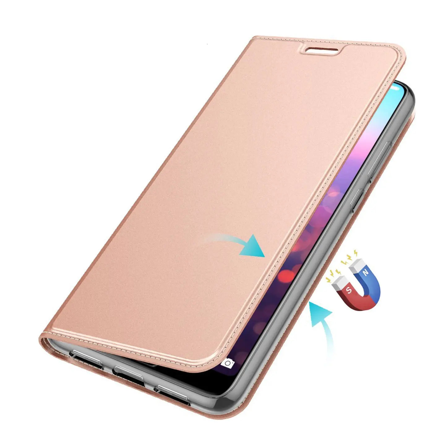 Rosafarbene Metallic-Flip-Hülle aus Kunstleder für Huawei P20, von oben schräg fotografiert.