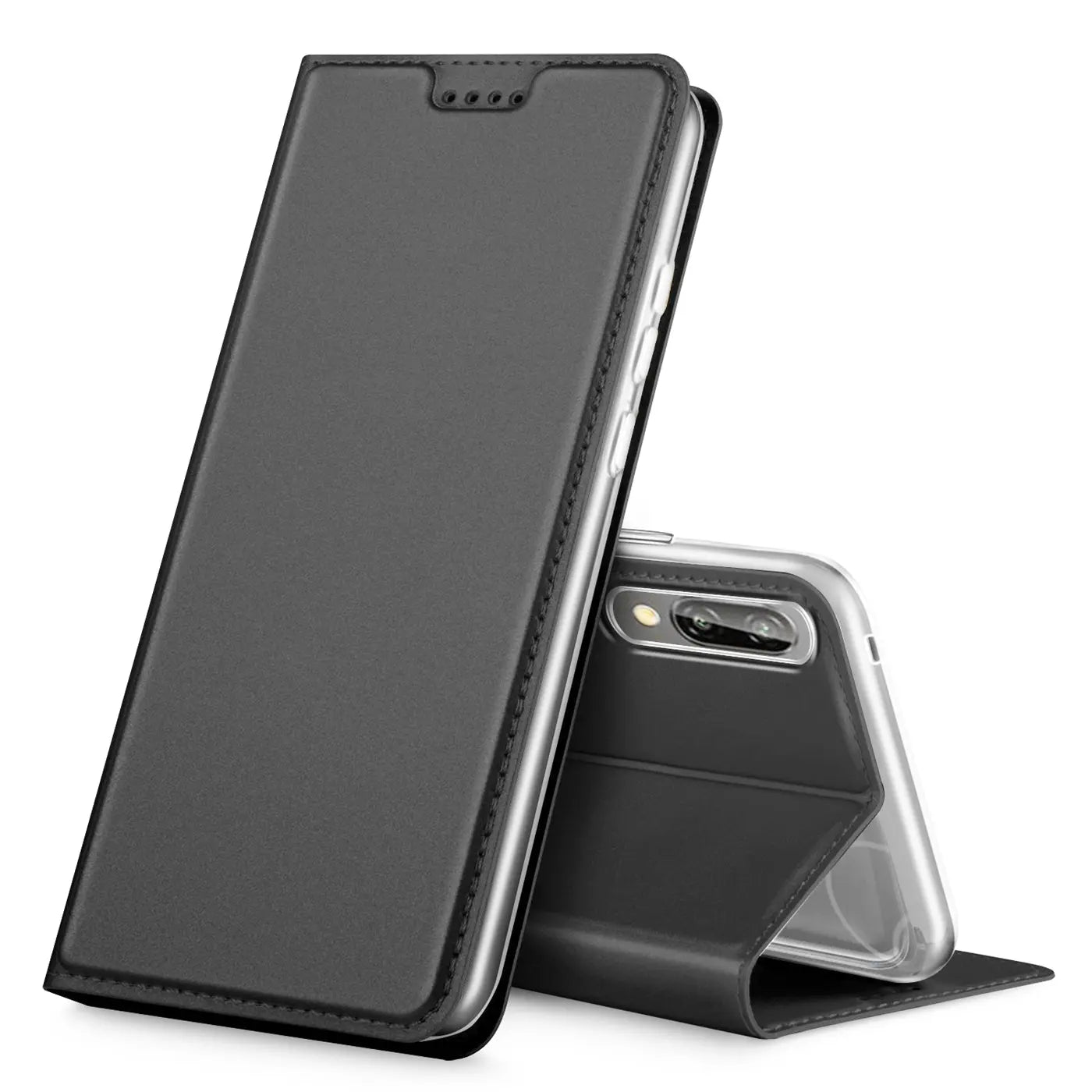 Graue Kunstleder-Flip-Hülle, schräg von vorne, zeigt Huawei P20 mit offener Klappe.