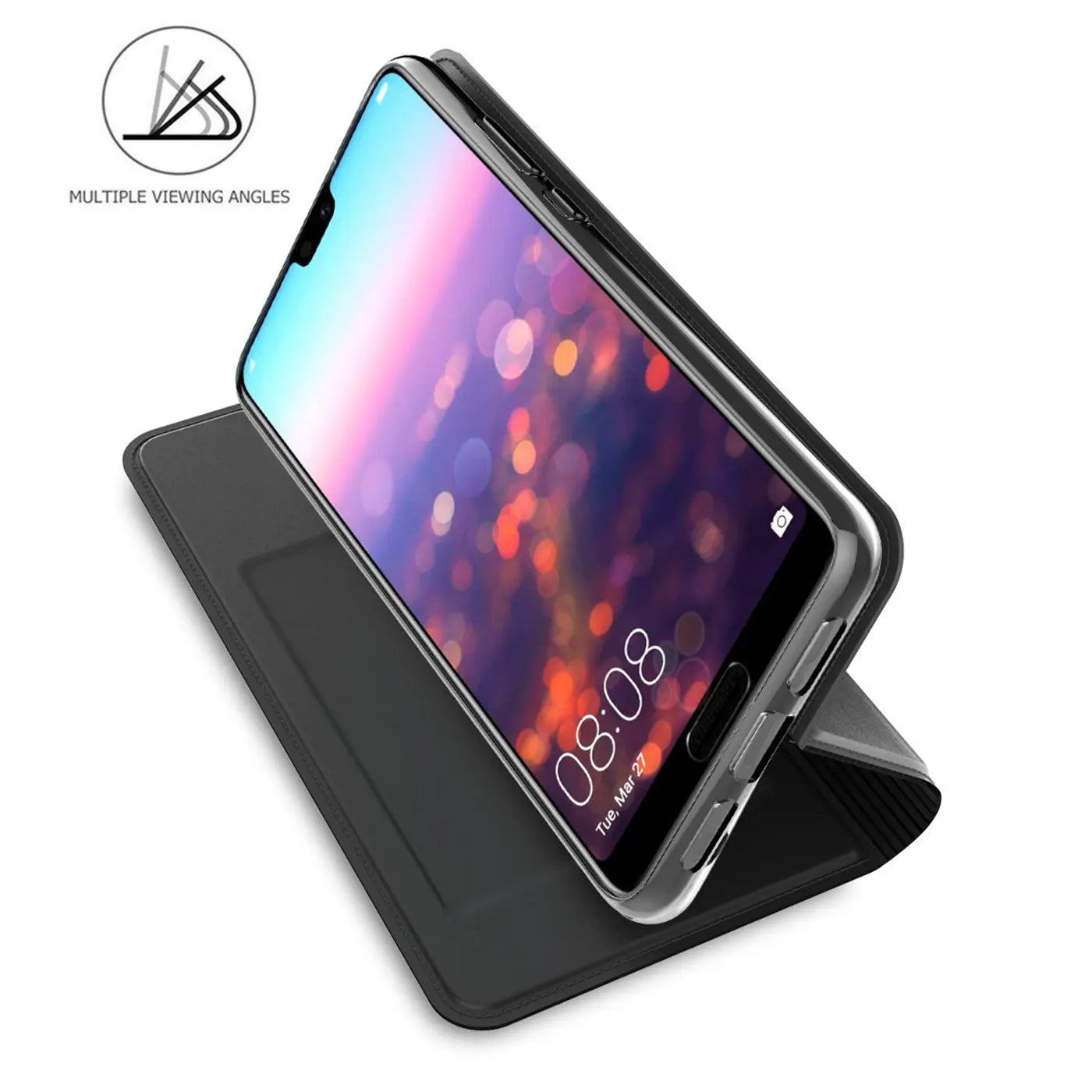 Schwarze Kunstleder-Flip-Hülle für Huawei P20, von schräg oben gezeigt.