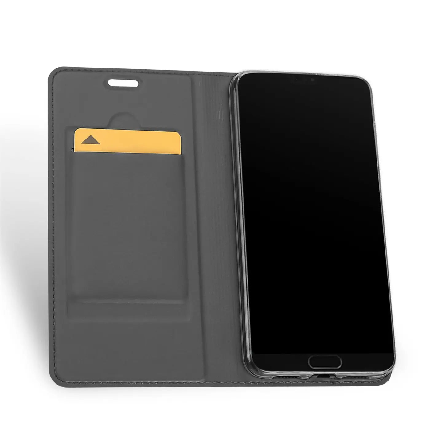 Graue Kunstleder-Flip-Hülle mit Kartenfach für Huawei P20, von vorne schräg gezeigt.