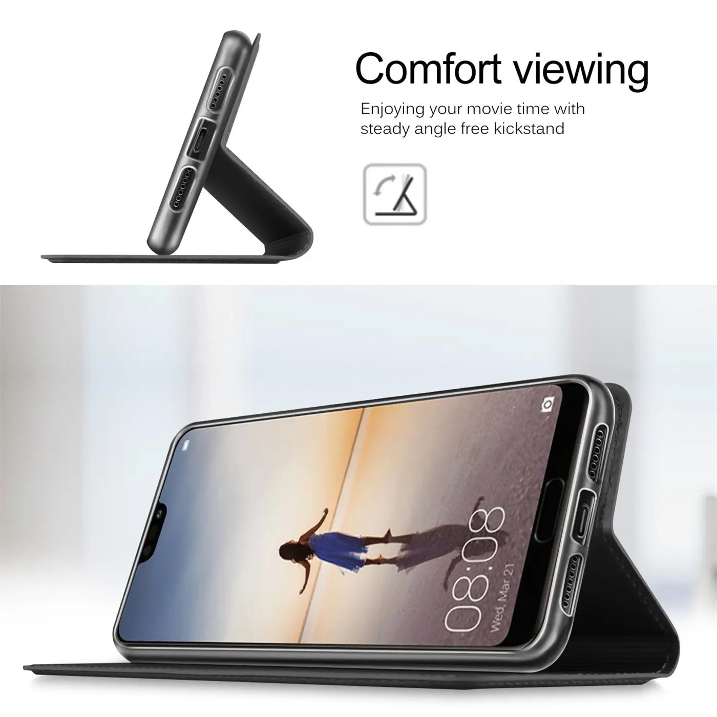 Graue Metallic-Flip-Hülle für Huawei P20 im Seitenprofil mit integriertem Ständer.