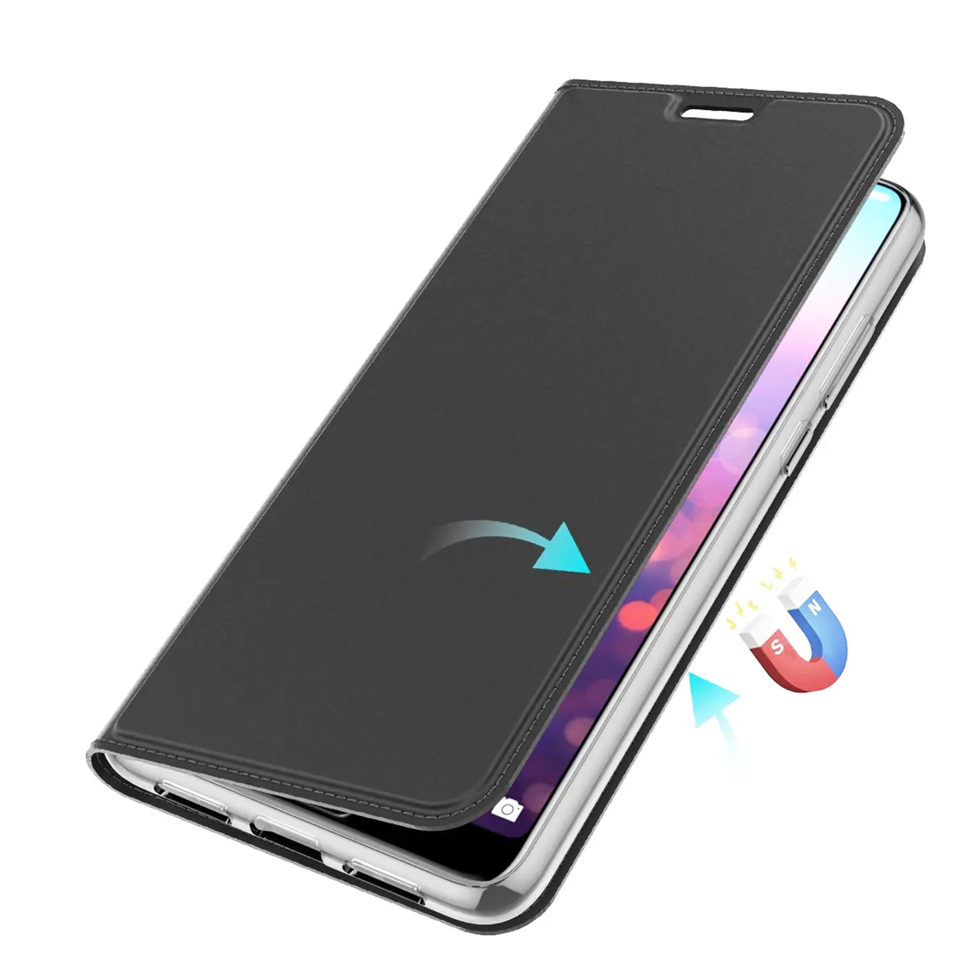 Schwarze Kunstleder-Flip-Hülle für Huawei P20, von schräg oben, mit Magnet-Symbol.
