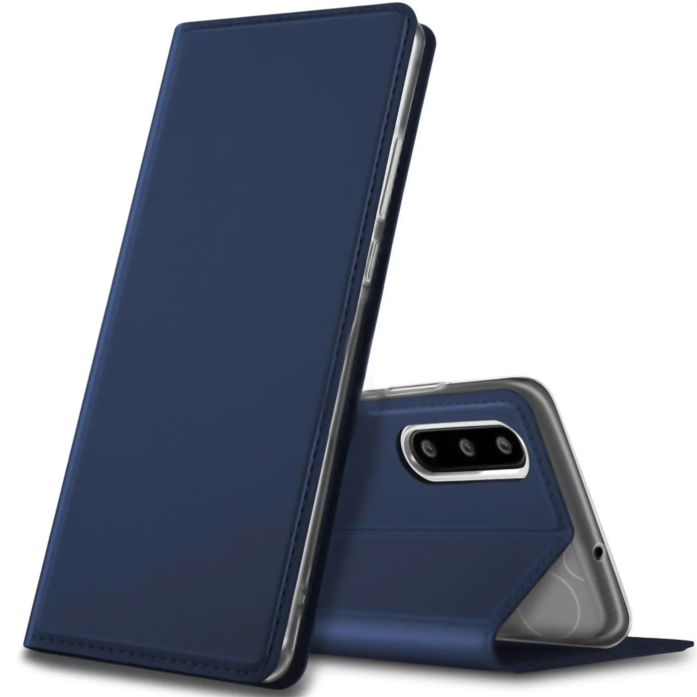 Dunkelblaue Leder-Flip-Hülle für Huawei P30, von schräg vorne, mit sichtbarer Kamera.