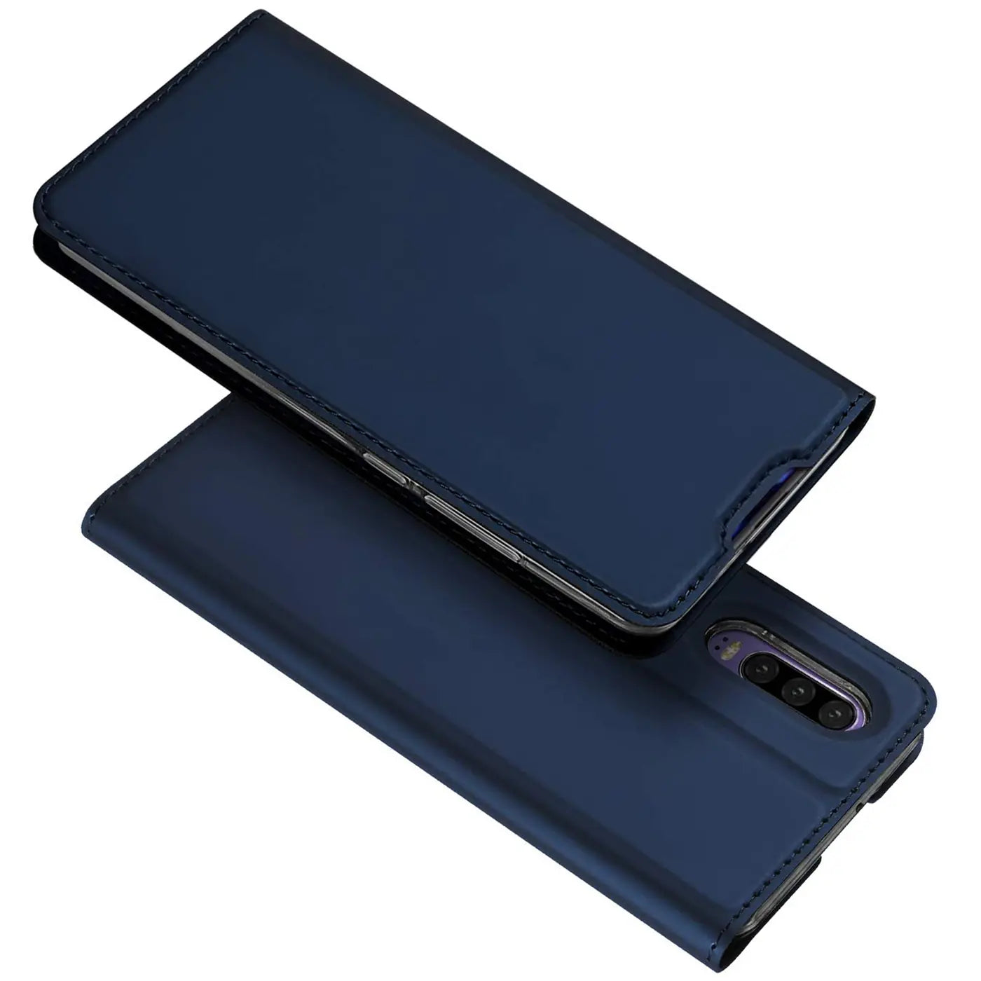 Dunkelblaue Leder-Flip-Hülle für Huawei P30, von oben und hinten gezeigt.