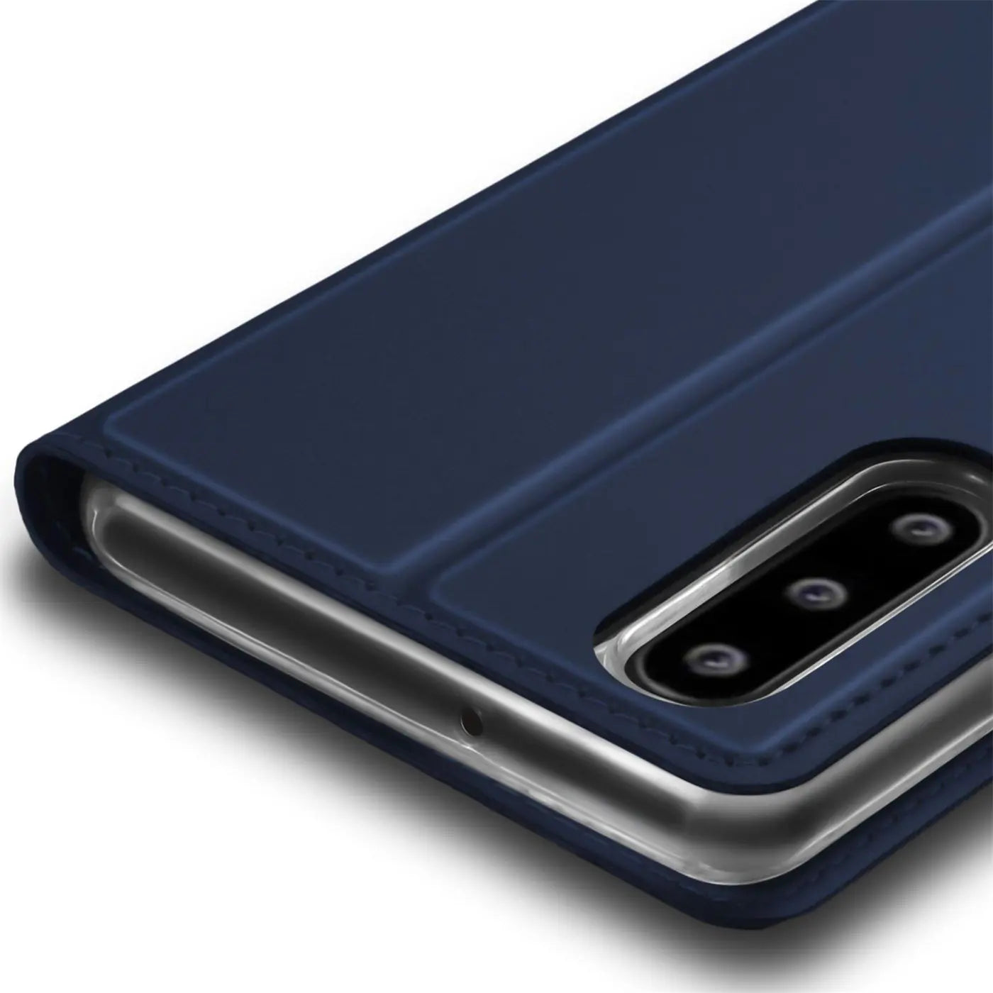 Dunkelblaue Kunstleder-Flip-Hülle für Huawei P30, Nahaufnahme von der Seite