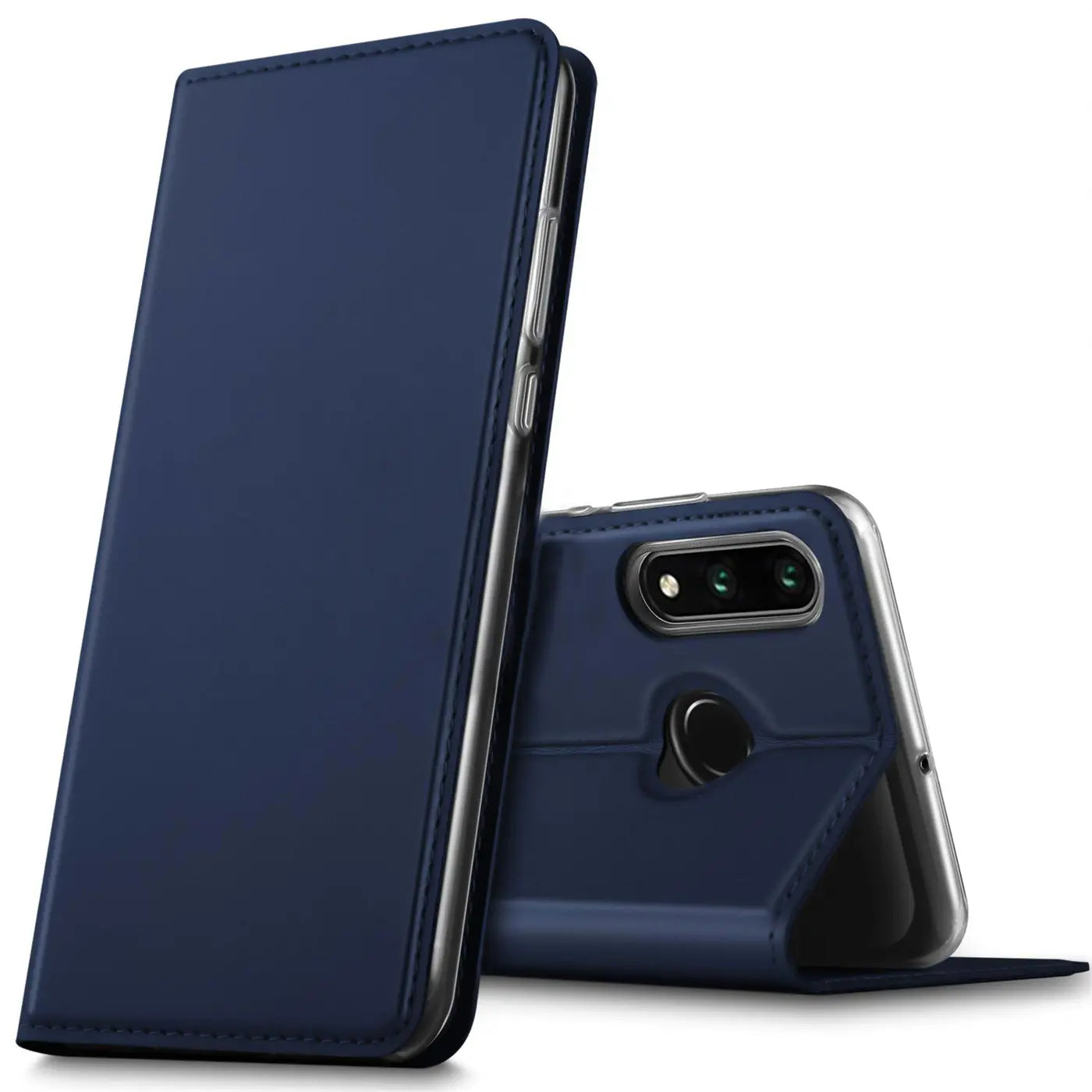 Dunkelblaue Kunstleder-Flip-Hülle, Huawei P30 Lite von vorne und hinten gezeigt.