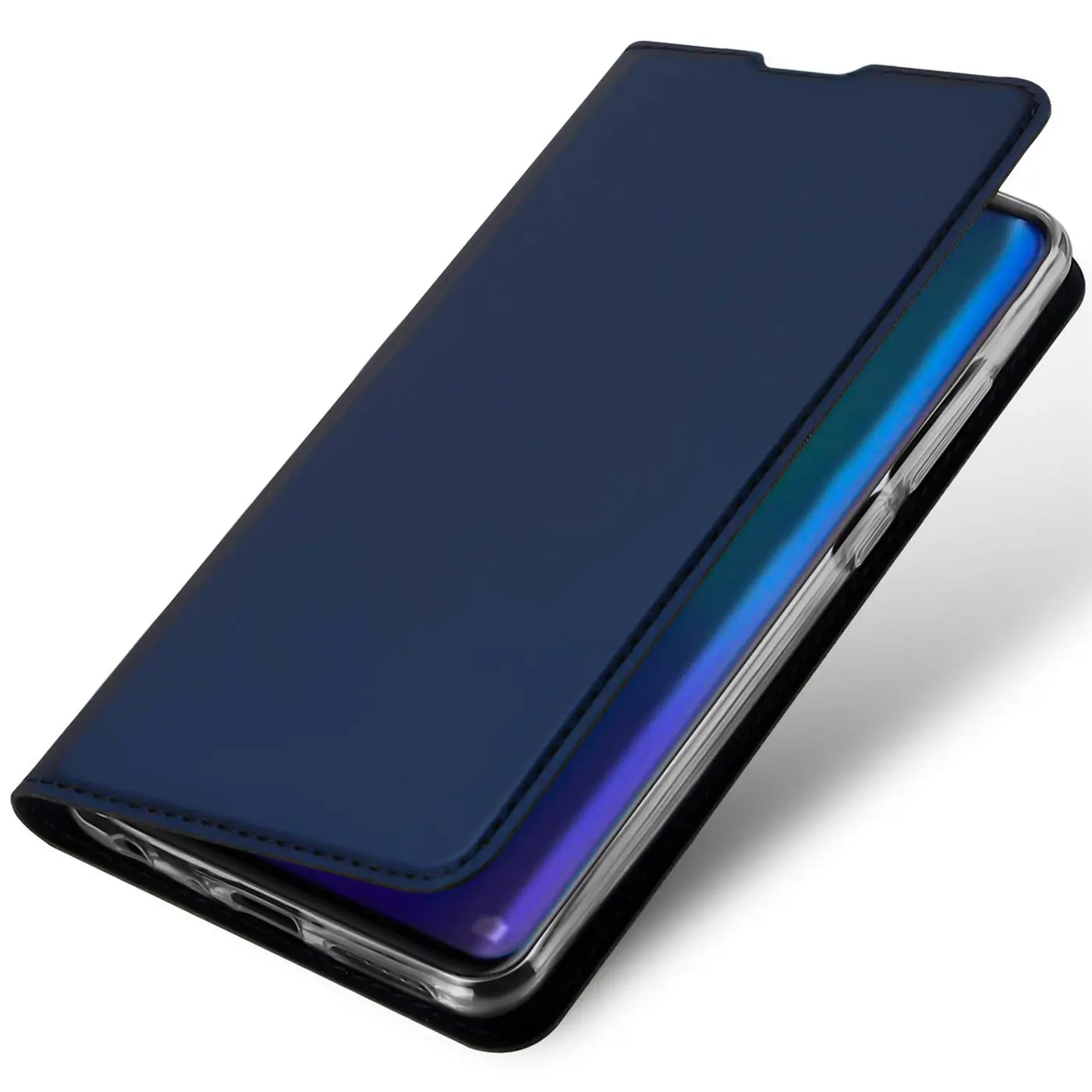 Dunkelblaue Kunstleder-Flip-Hülle, schräg von oben, zeigt Huawei P30 Lite.