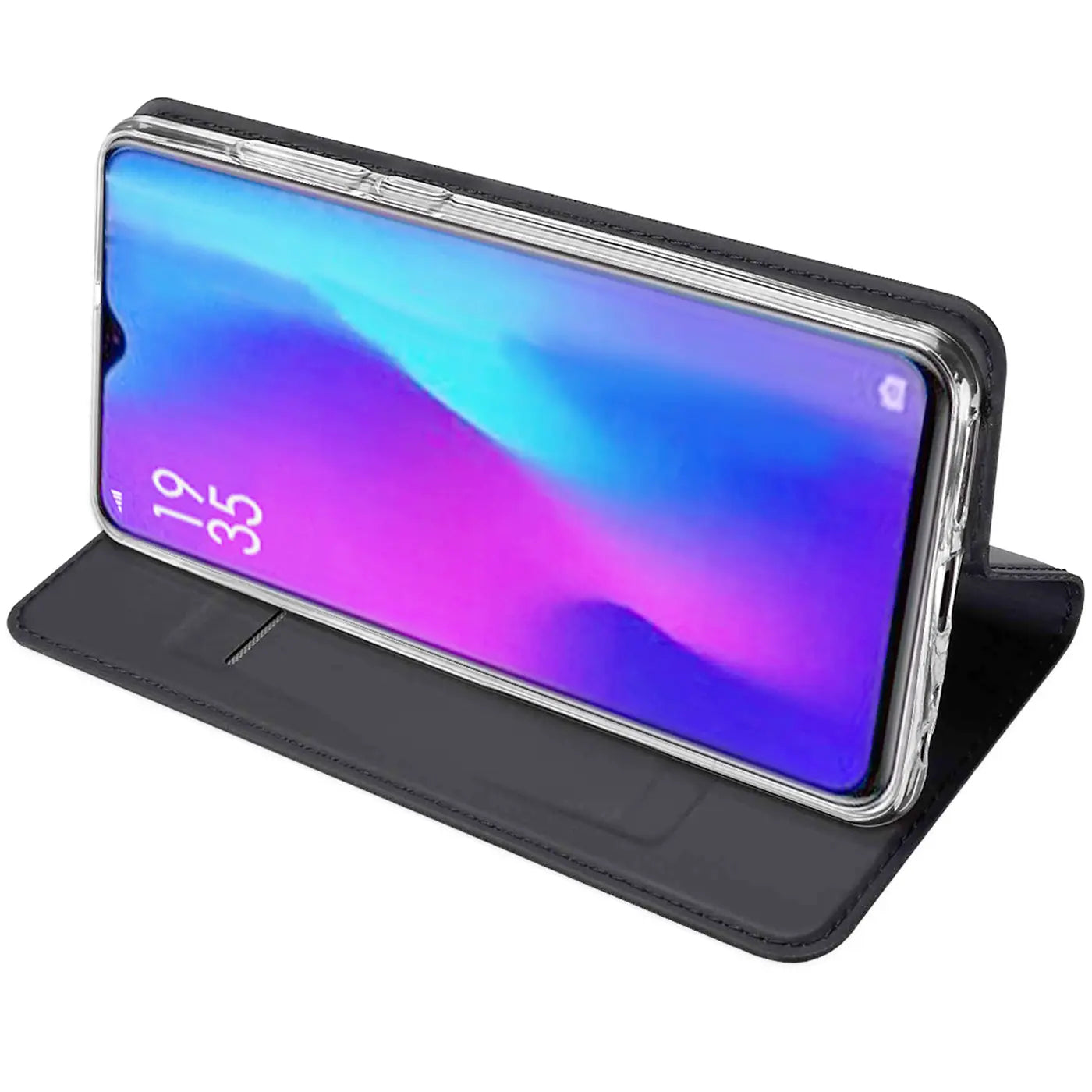Dunkelgraue Kunstleder-Flip-Hülle mit transparentem Rahmen, Huawei P30 Lite, Seitenansicht