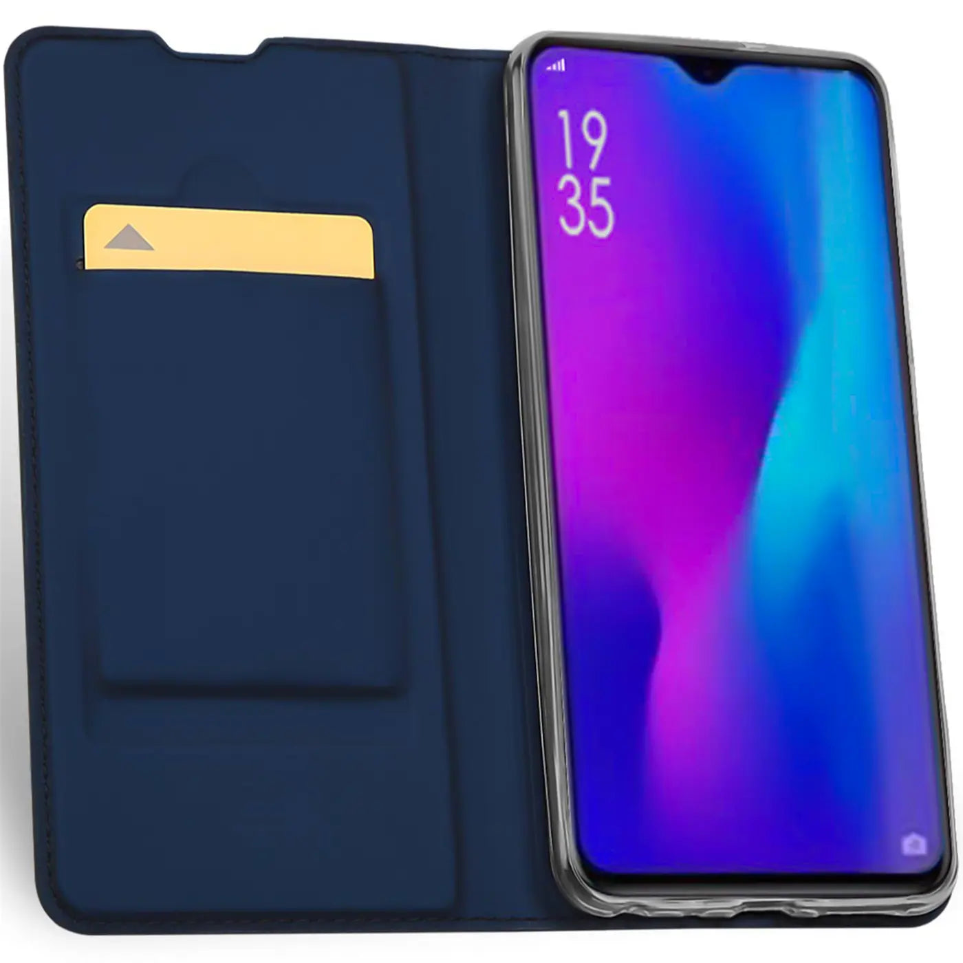 Dunkelblaue Klapphülle aus Kunstleder mit Kartenfach, zeigt Huawei P30 Lite, von vorne.