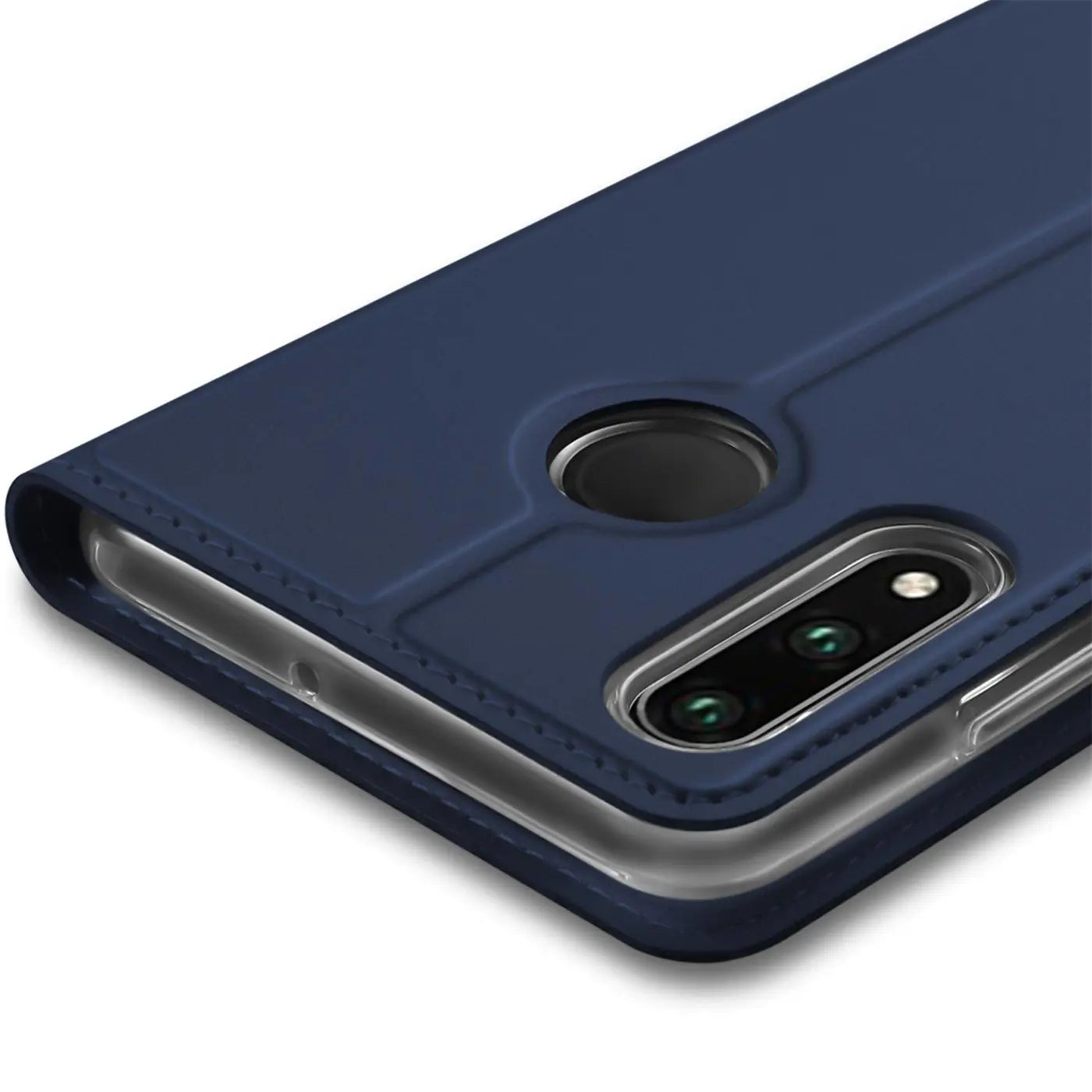 Dunkelblaue Klapphülle aus Kunstleder für Huawei P30 Lite, Rückansicht, Nahaufnahme.