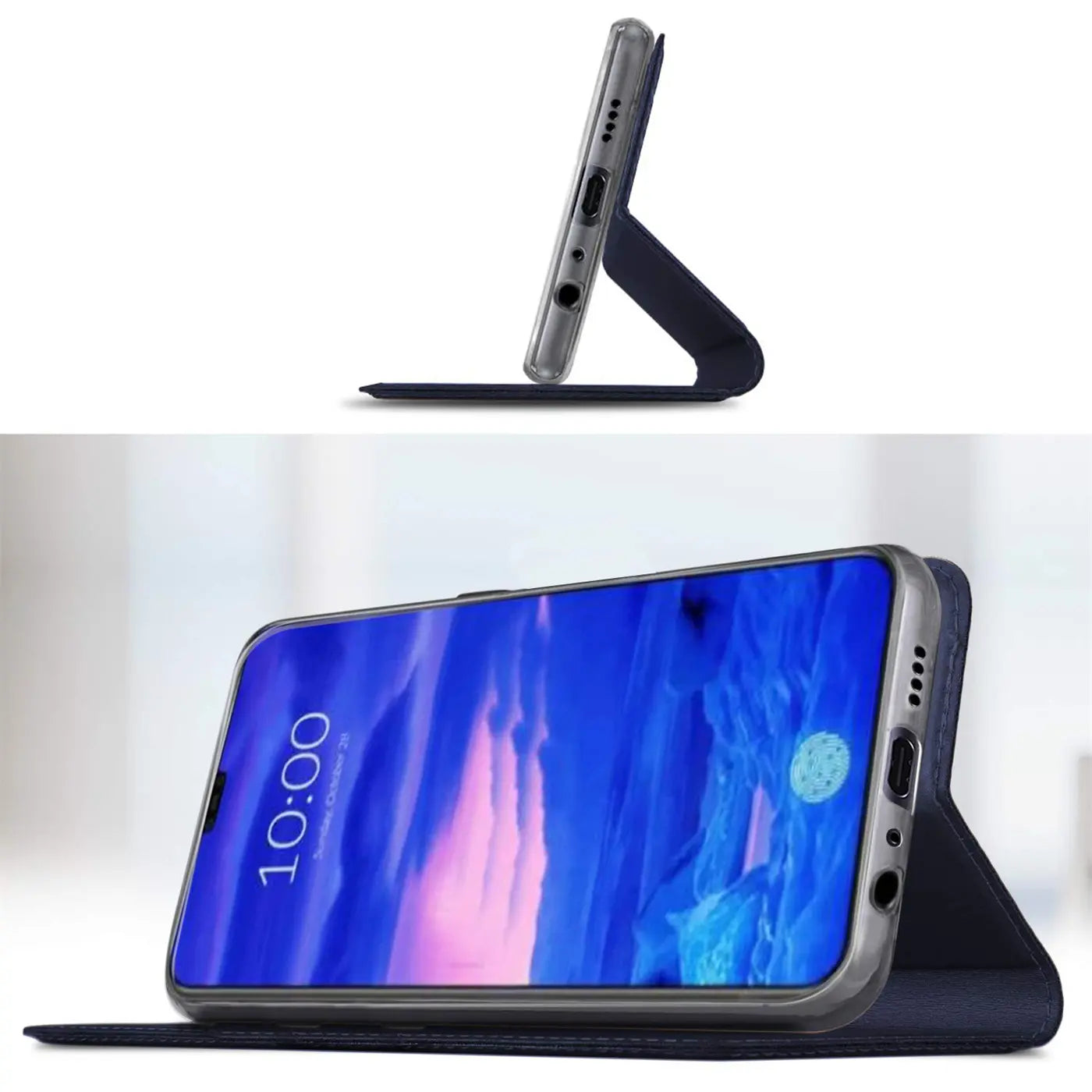 Dunkelblaue Klapphülle aus Kunstleder für Huawei P30 Lite, seitliche Ansicht, aufgestellt