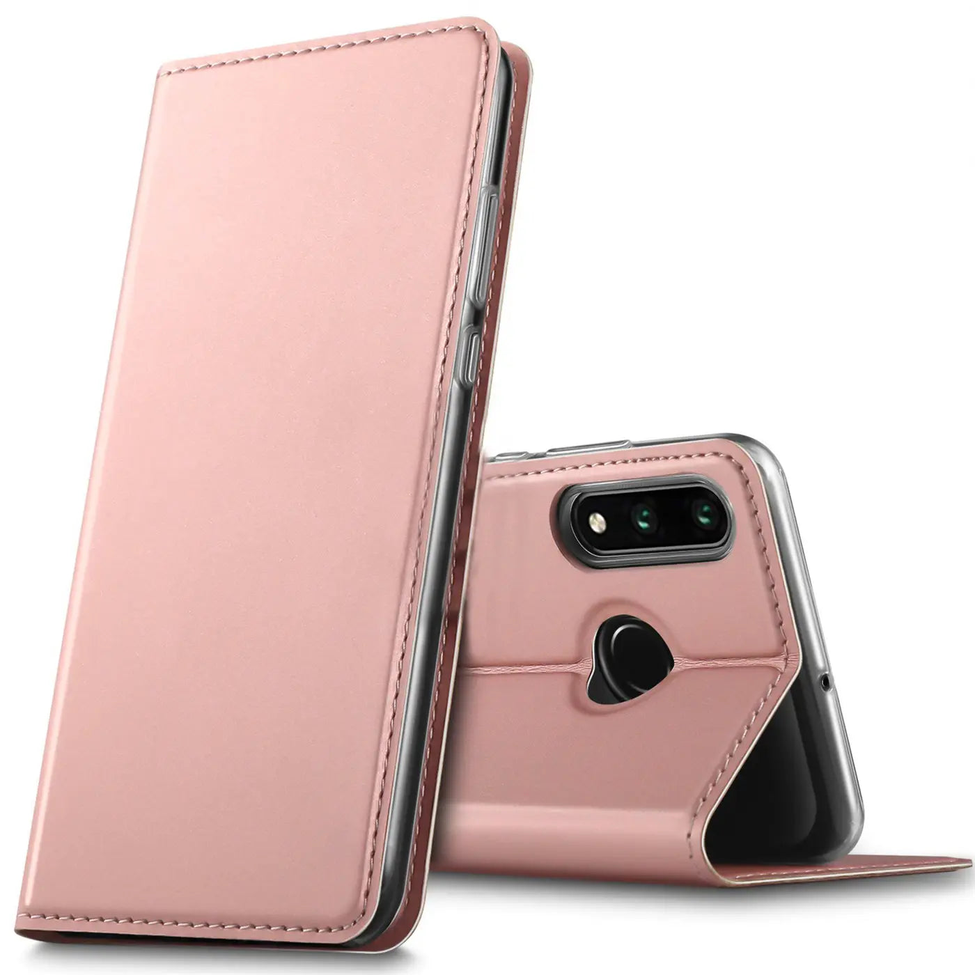 Metallic rosegoldene Flip Hülle aus Kunstleder, Huawei P30 Lite, von vorne und hinten gezeigt.