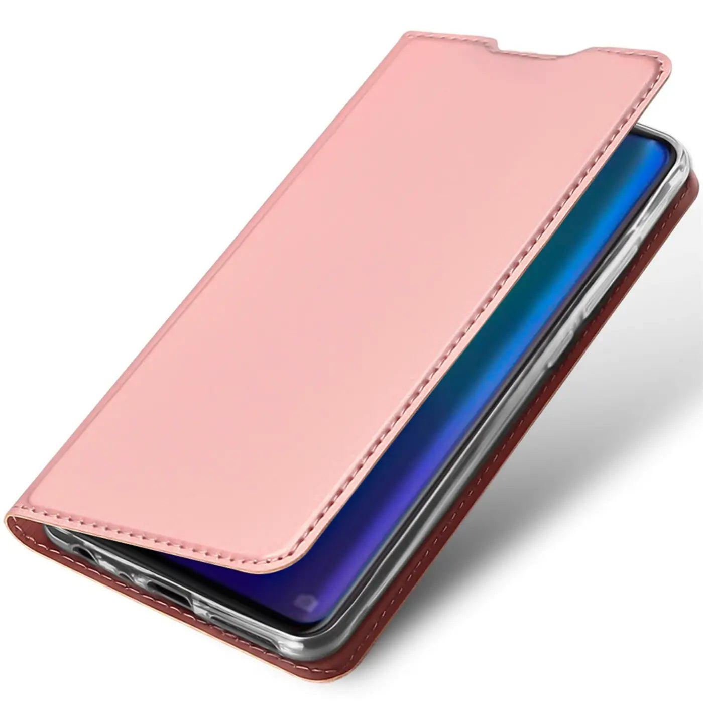 Metallic roségoldene Klapphülle aus Kunstleder für Huawei P30 Lite, von oben fotografiert.