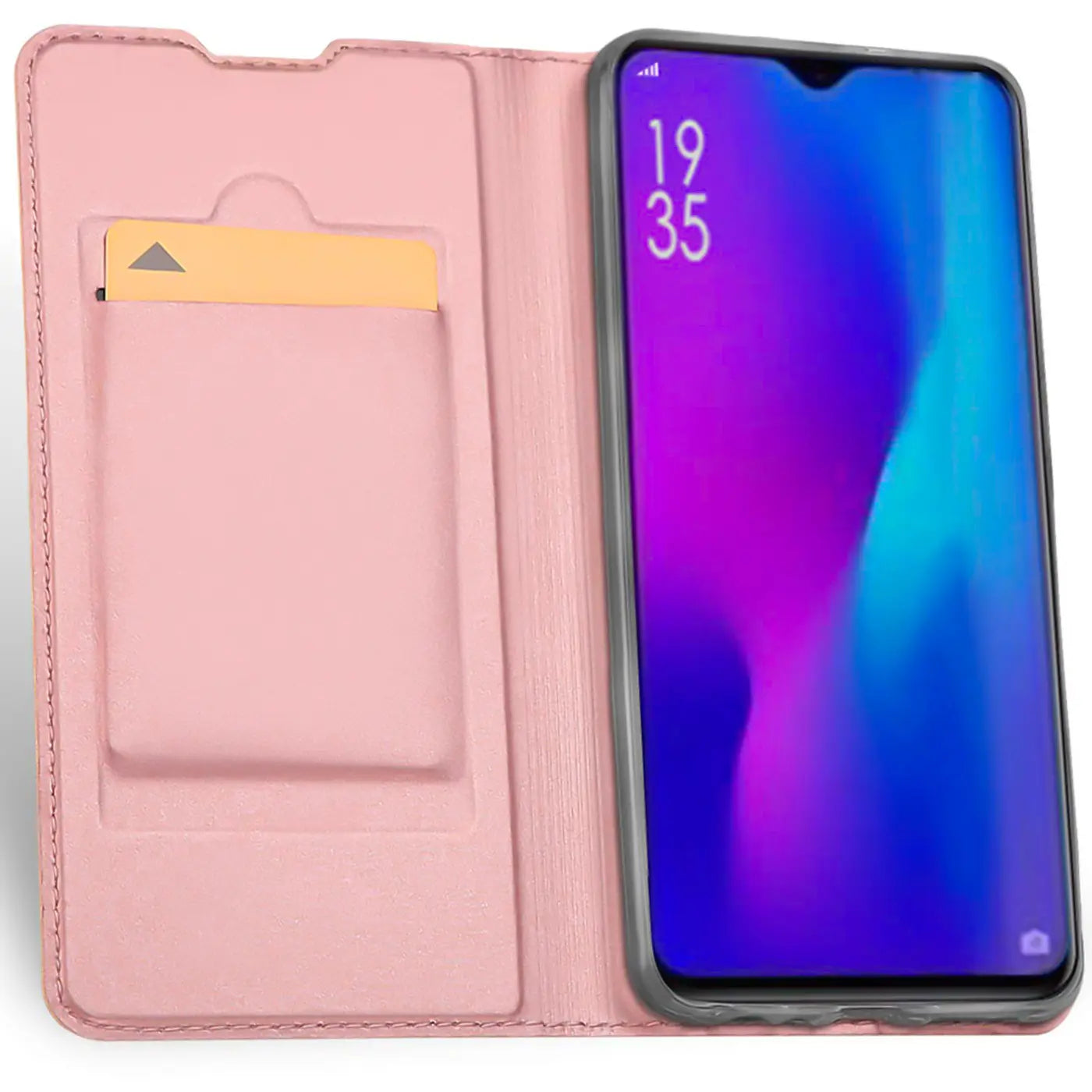 Rosa Kunstleder-Flip-Hülle mit Kartenfach, zeigt Huawei P30 Lite, von vorne