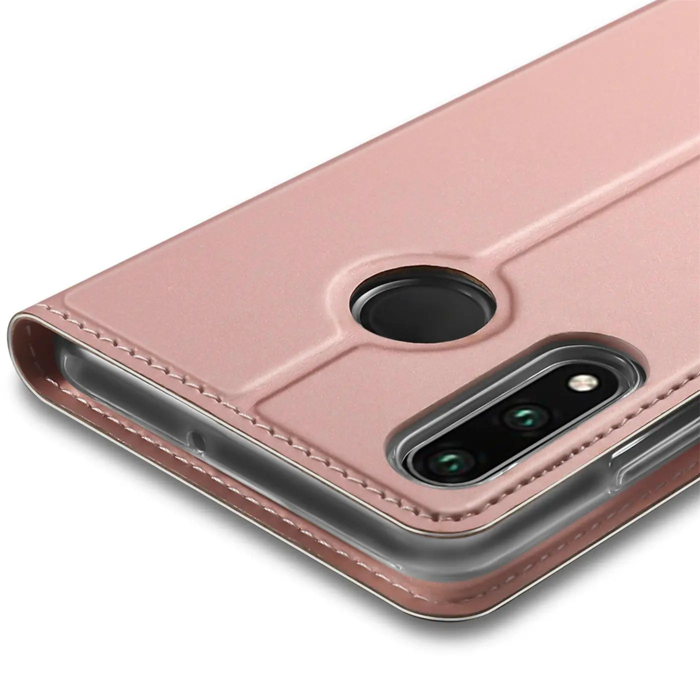 Rosafarbene Leder-Flip-Hülle für Huawei P30 Lite, Nahaufnahme, Rückseite mit Kamera