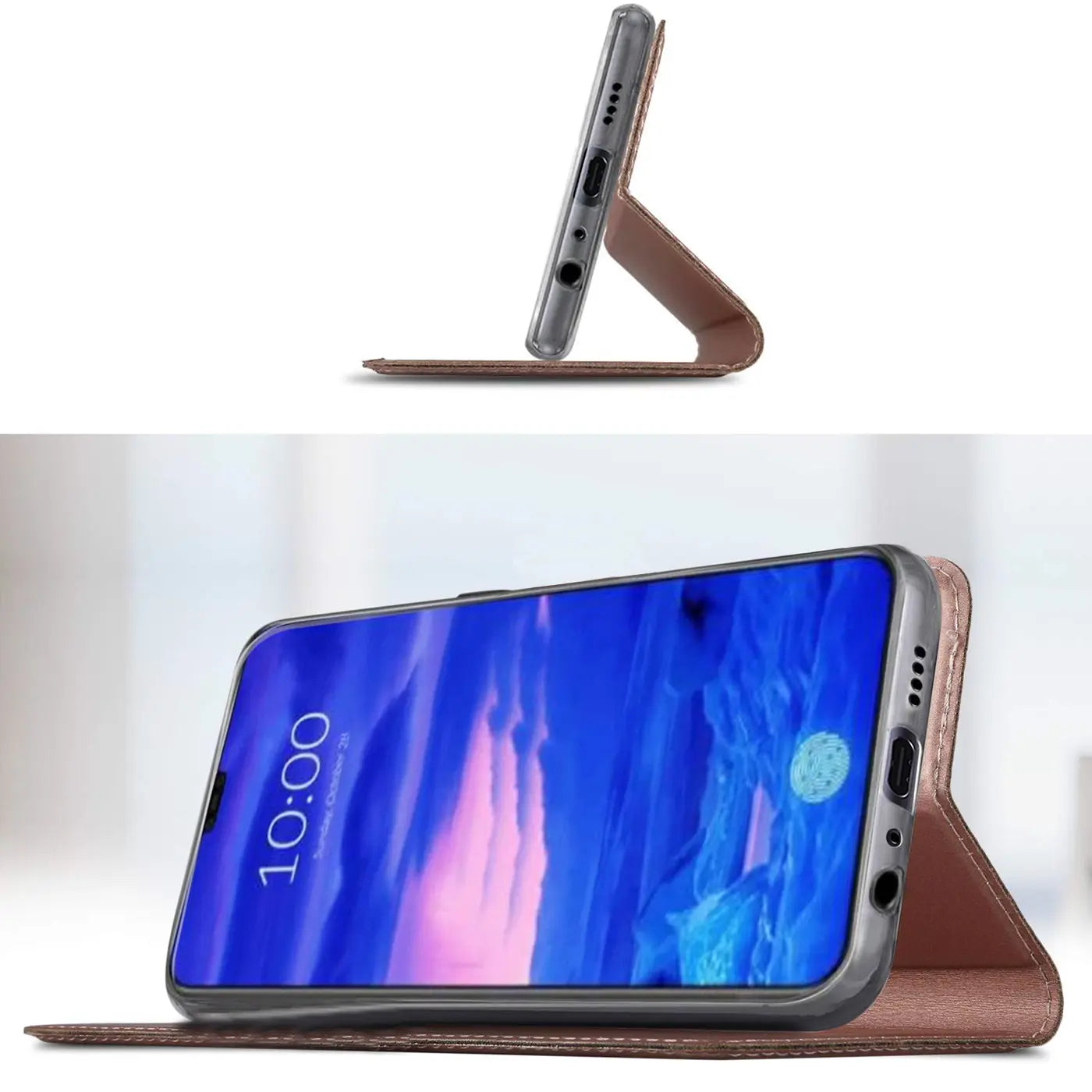 Braune Leder-Flip-Hülle mit Standfunktion für Huawei P30 Lite, Seitenansicht.