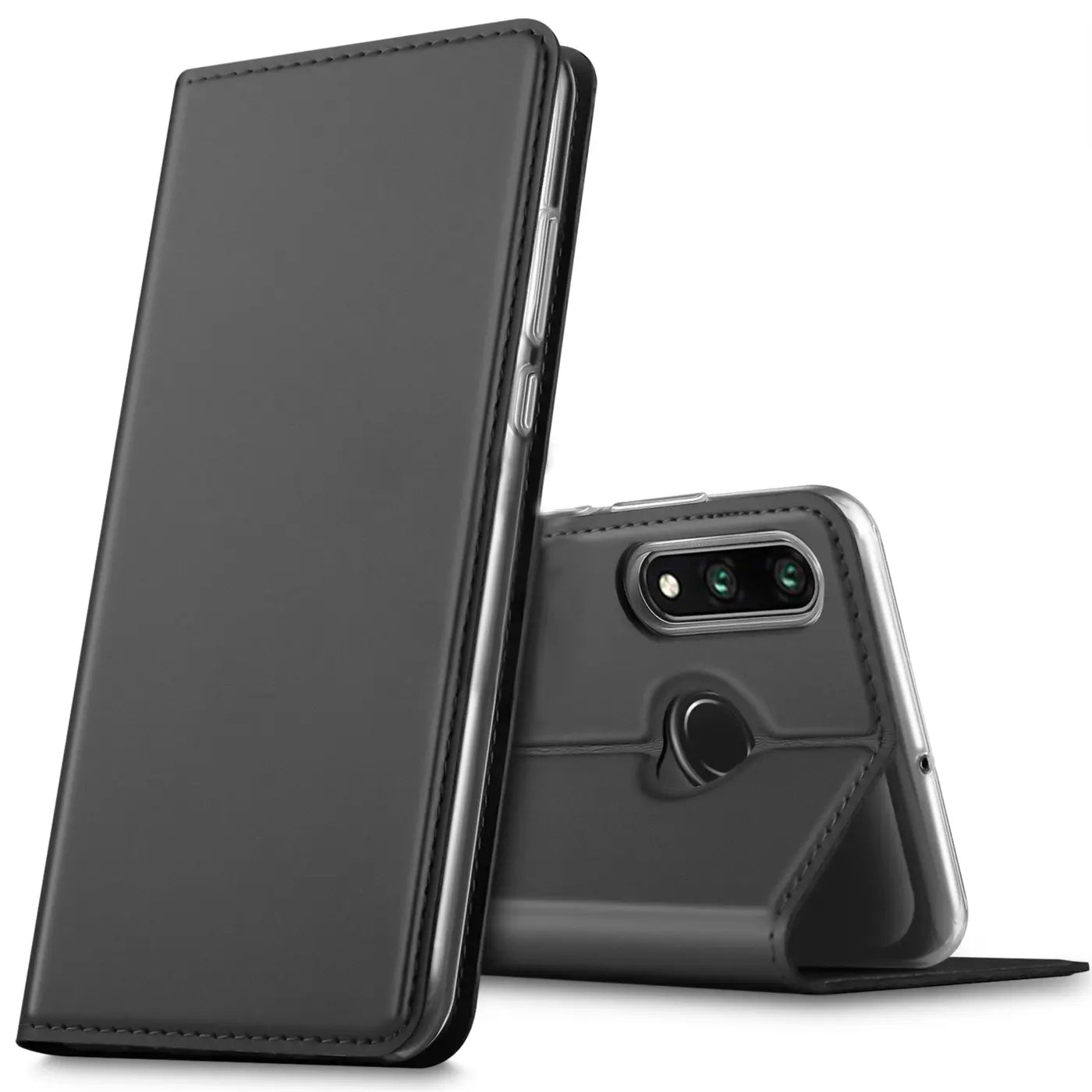 Graue Kunstleder-Flip-Hülle, aufgestellt, zeigt Huawei P30 Lite Rückseite.