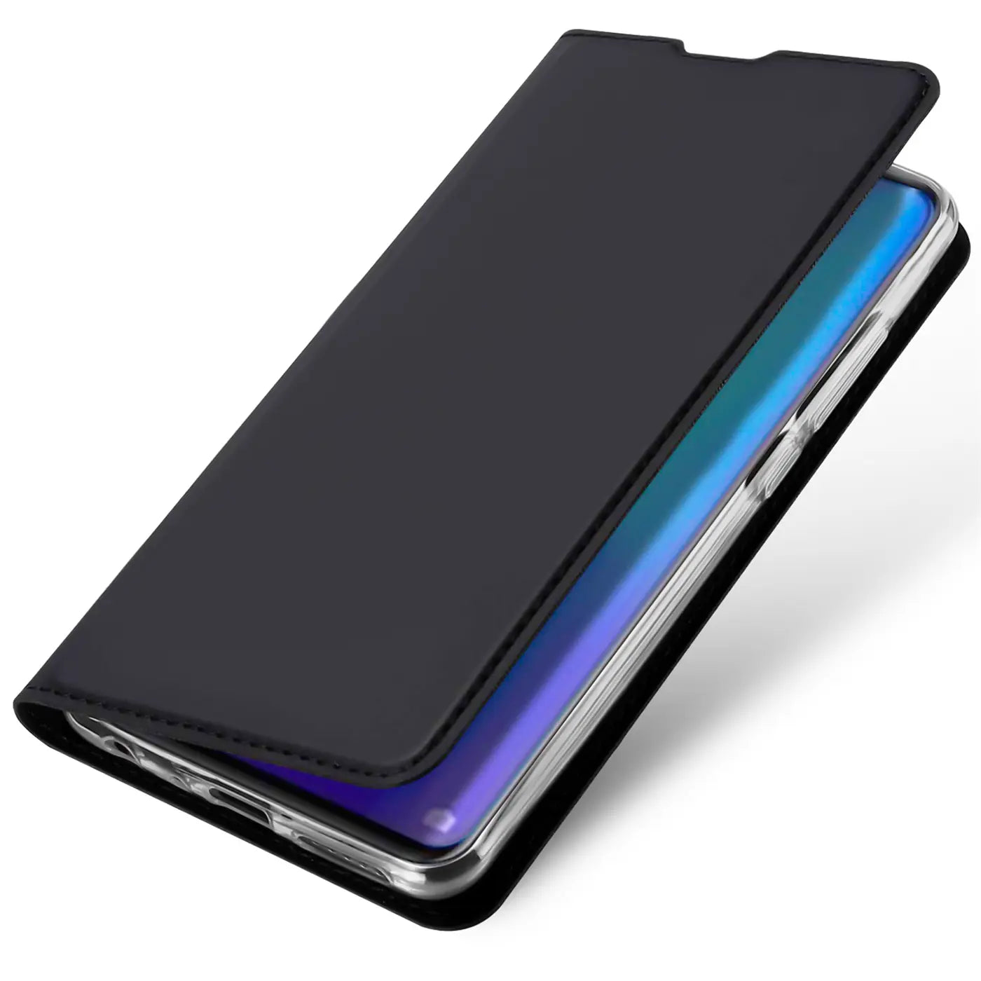 Schwarze Kunstleder-Flip-Hülle für Huawei P30 Lite, von schräg oben fotografiert.
