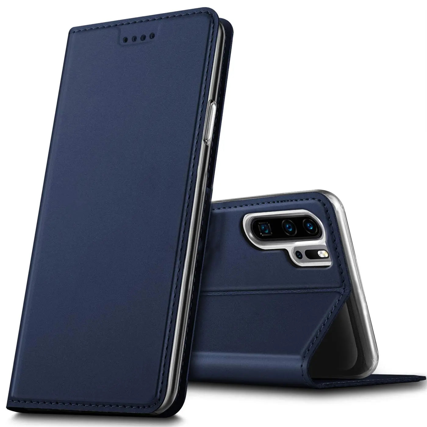 Dunkelblaue Leder-Flip-Hülle für Huawei P30 Pro, von vorne und hinten gezeigt.