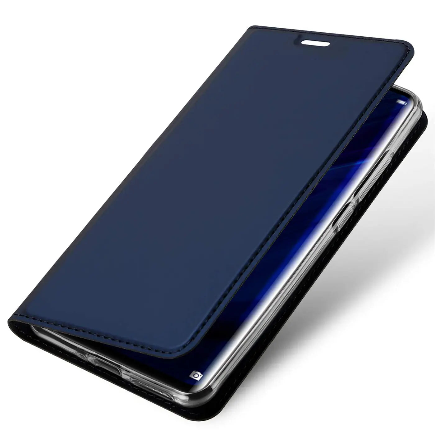 Dunkelblaue Klapphülle aus Kunstleder für Huawei P30 Pro, von schräg oben.