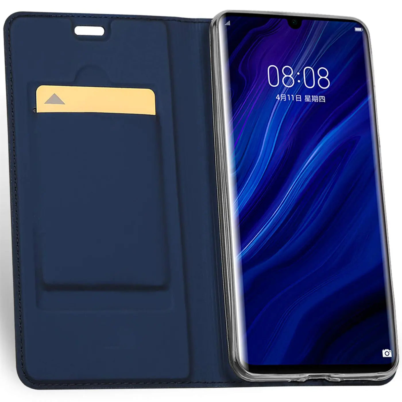 Dunkelblaue Leder-Flip-Hülle mit Kartenfach, zeigt Huawei P30 Pro, von vorne