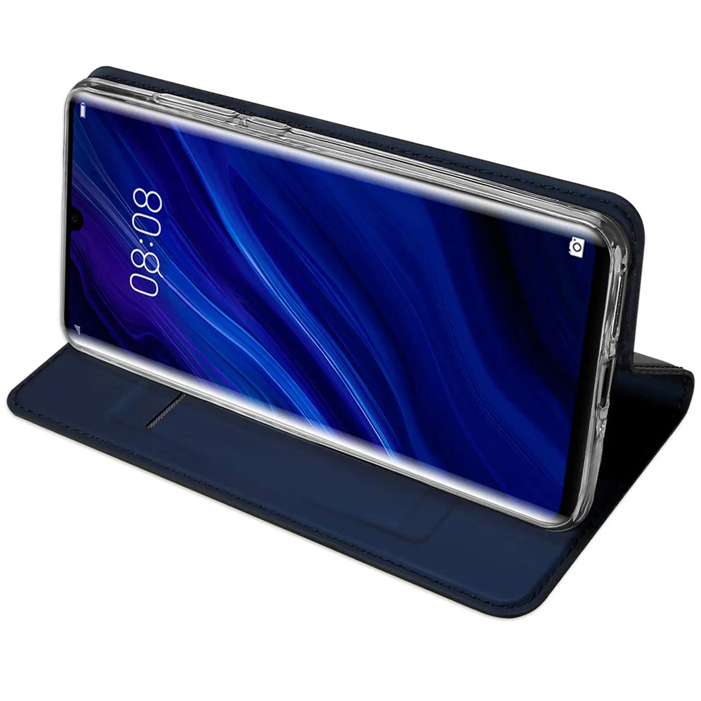 Dunkelblaue Leder-Flip-Hülle mit Huawei P30 Pro, von vorne schräg