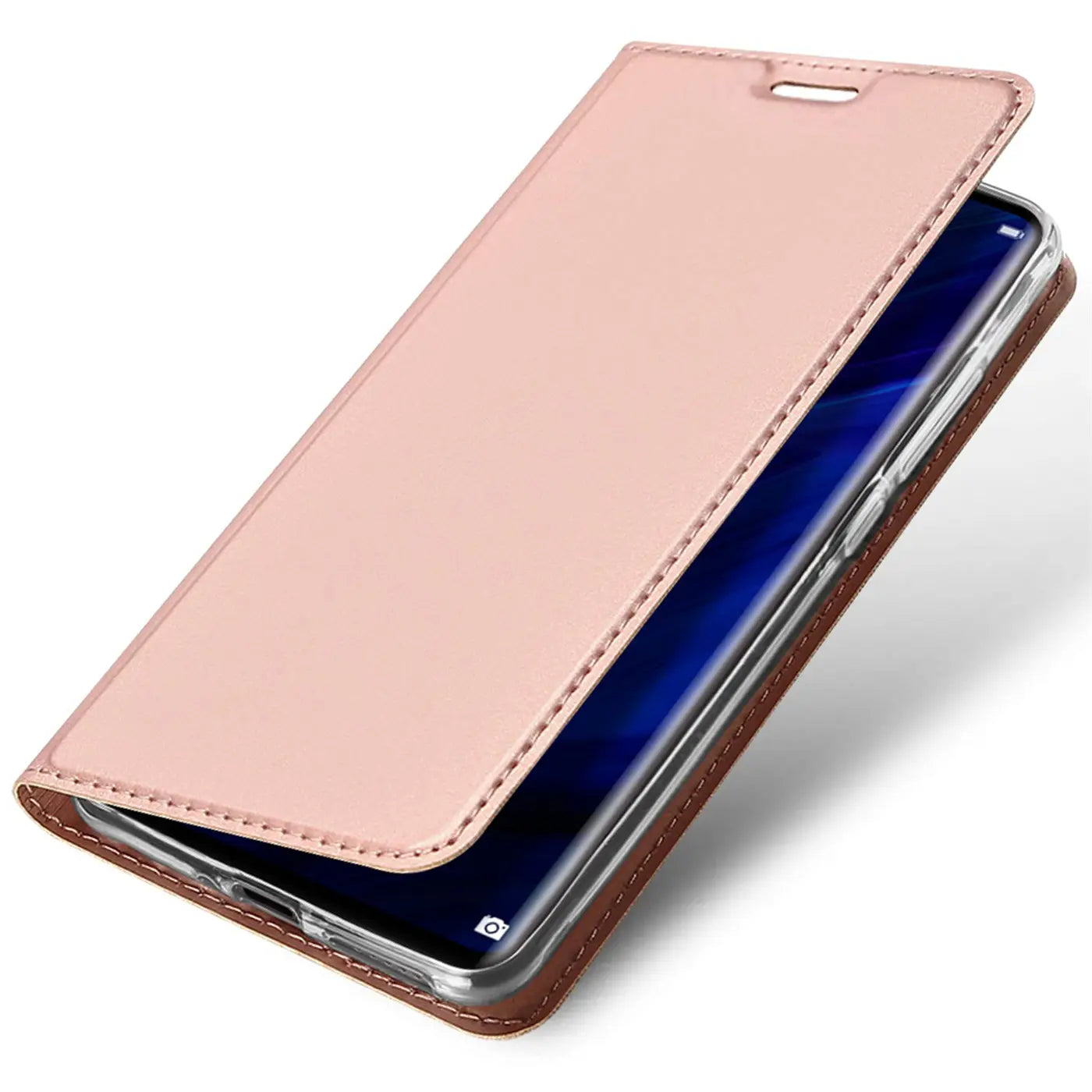 Rosa Kunstleder-Flip-Hülle, schräg von oben, für Huawei P30 Pro.