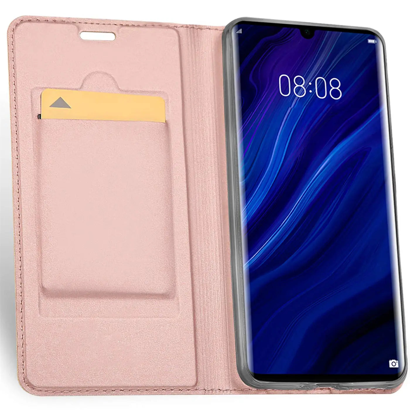 Rosa Leder-Flip-Hülle mit Kartenfach, Huawei P30 Pro, von vorne