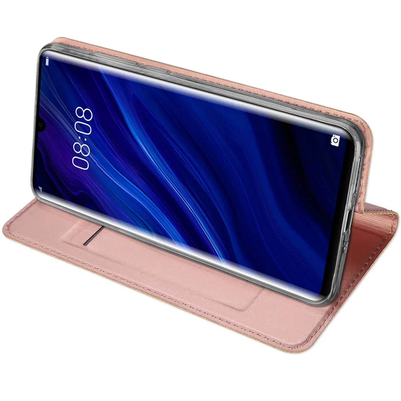 Rosa Leder-Flip-Hülle für Huawei P30 Pro, von vorne schräg, mit aufgestelltem Gerät.