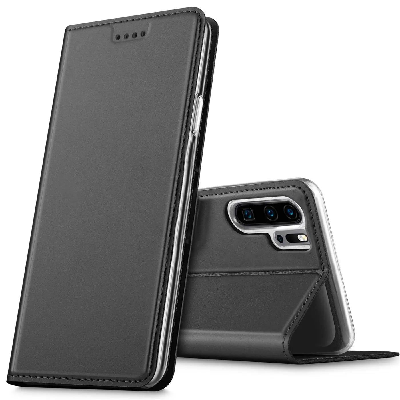 Graue Leder-Flip-Hülle für Huawei P30 Pro, von vorne und hinten gezeigt.