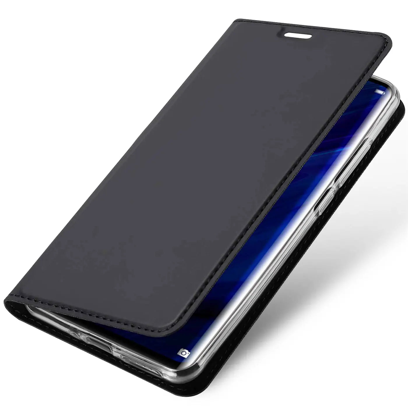 Schwarze Leder-Flip-Hülle mit transparentem Rahmen, schräg von oben, zeigt Huawei P30 Pro.