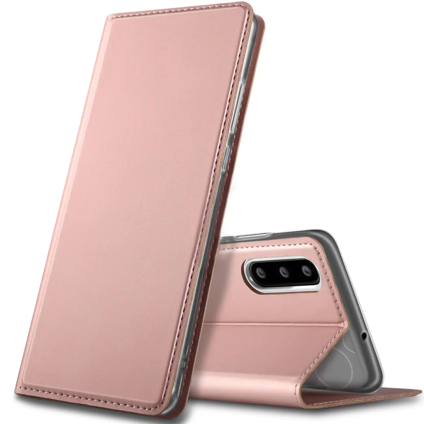 Rosafarbene Klapphülle aus Kunstleder, seitliche Ansicht, zeigt Huawei P30