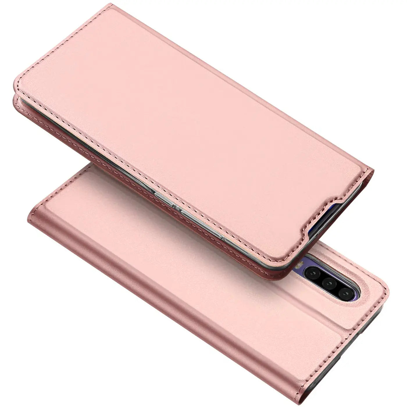 Metallic rosegoldene Klapphülle aus Leder für Huawei P30, von oben fotografiert.