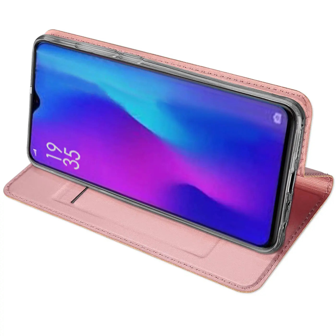 Rosa Kunstleder-Flip-Hülle, von vorne schräg, mit Huawei P30.