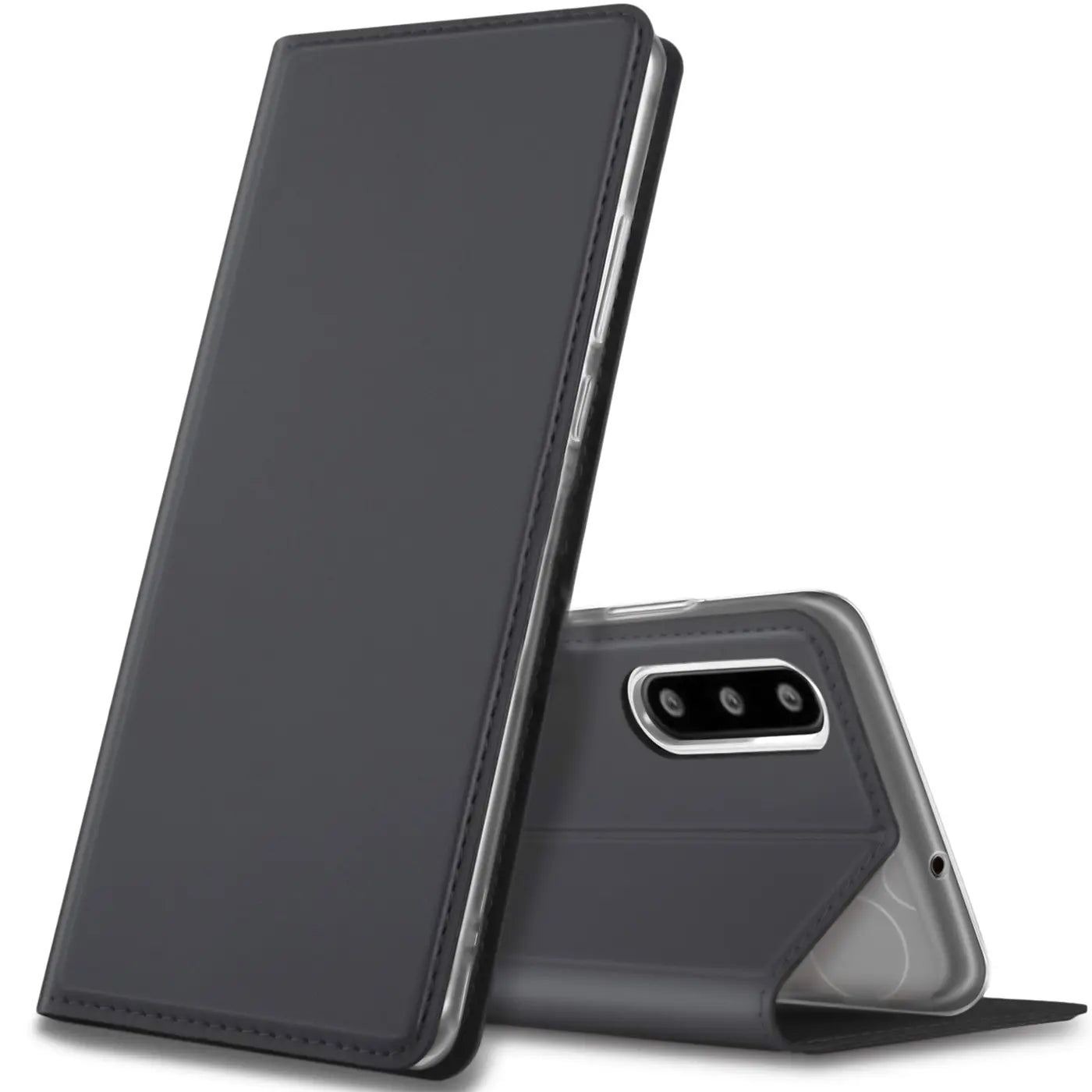 Dunkelgraue Leder-Flip-Hülle, seitliche Ansicht, zeigt Huawei P30 mit Kamera.