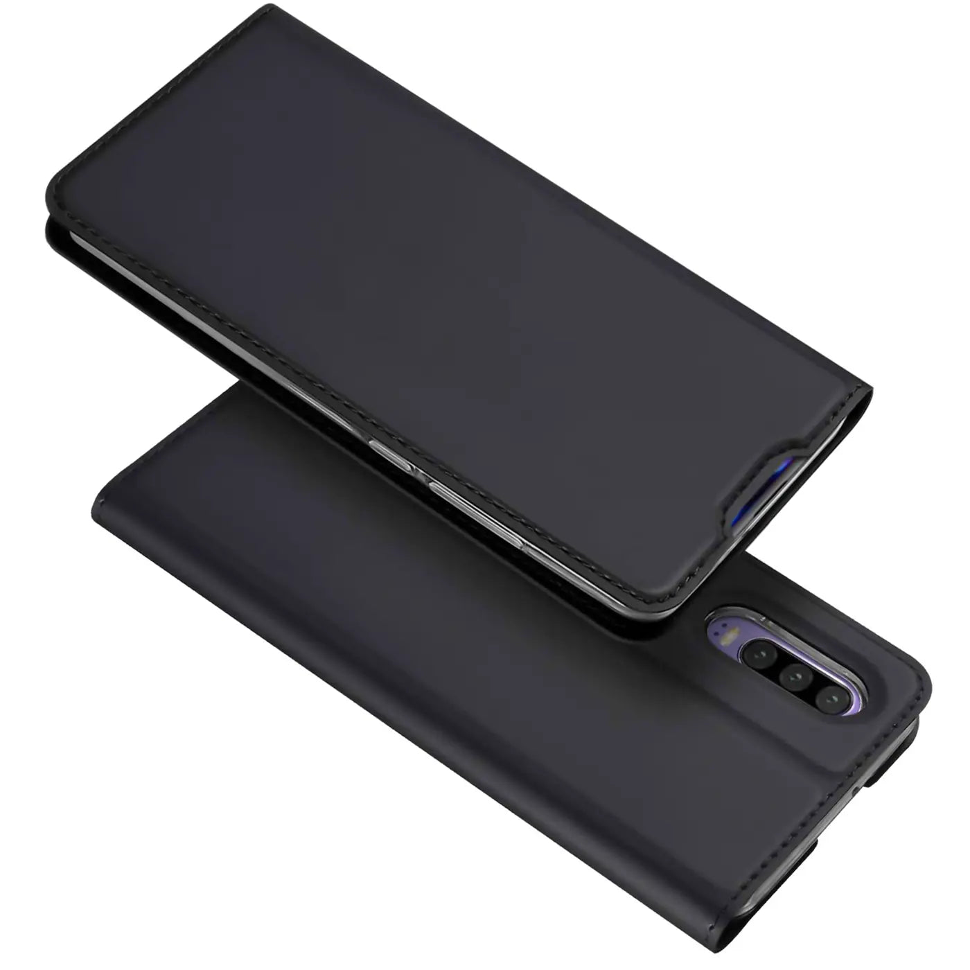 Schwarze Leder-Flip-Hülle für Huawei P30, von oben schräg fotografiert.