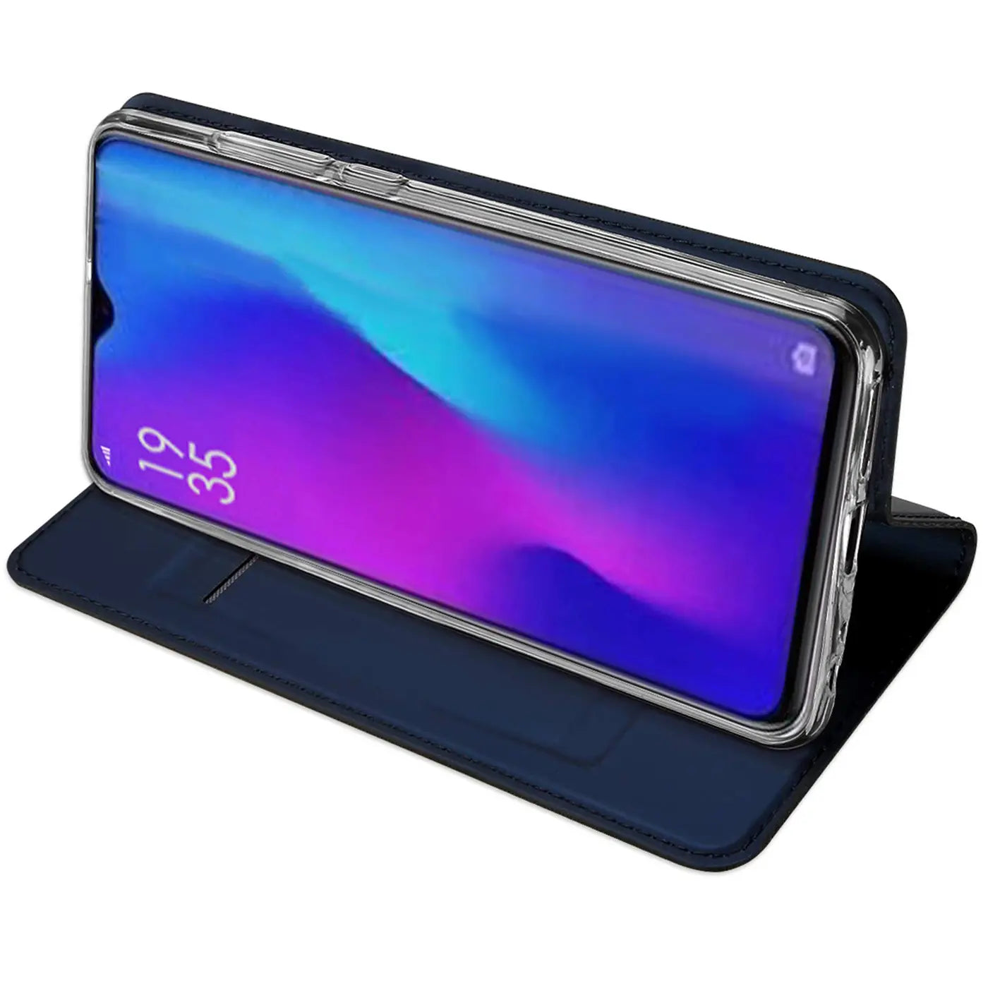 Dunkelblaue Leder-Flip-Hülle mit transparentem Rahmen für Huawei P30, von vorne.