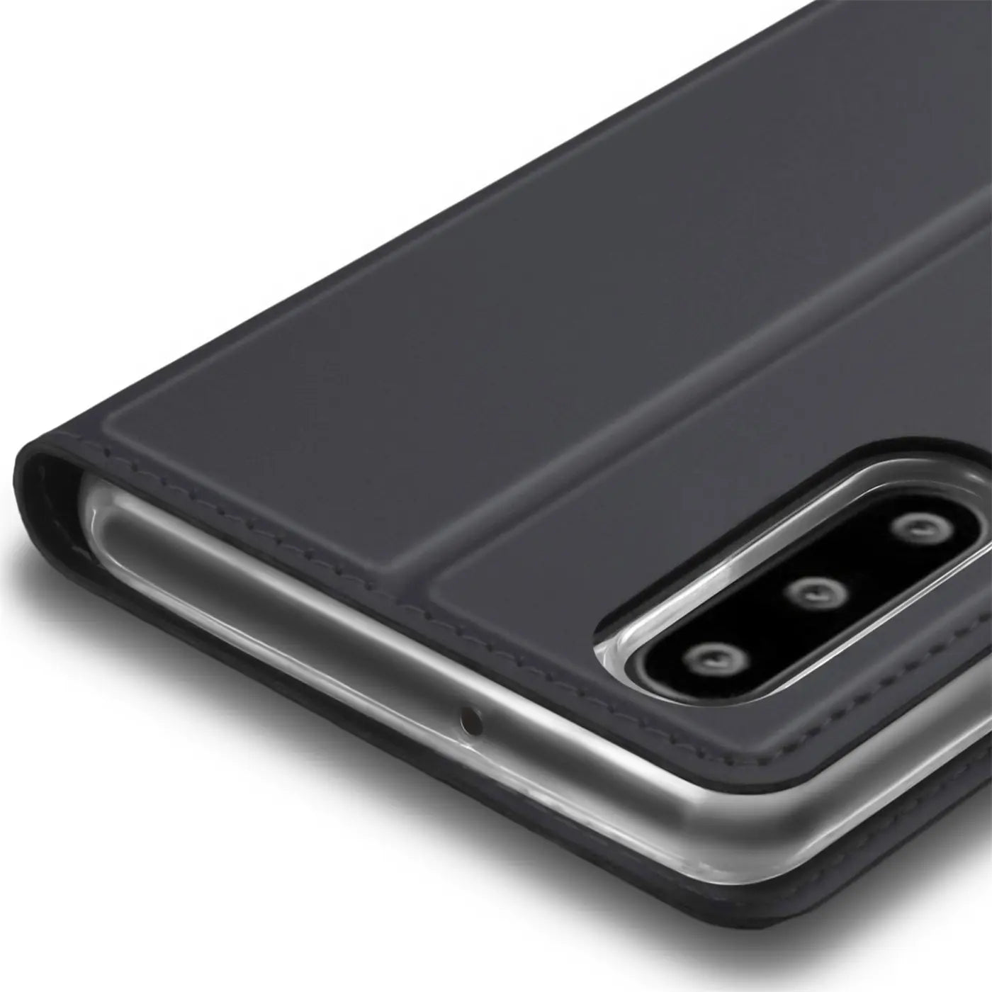 Graue Kunstleder-Flip-Hülle für Huawei P30, Nahaufnahme der Rückseite mit Kamera.