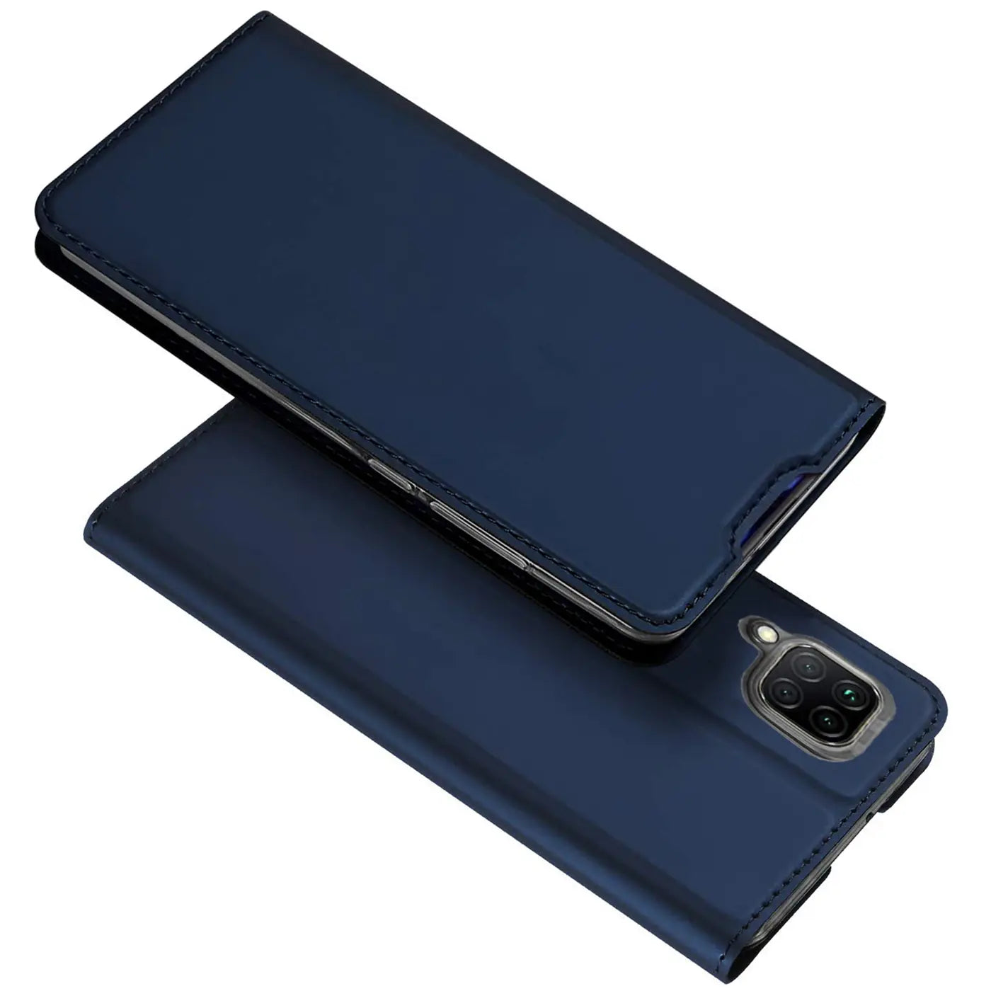 Dunkelblaue Leder-Flip-Hülle für Huawei P40 Lite, von oben schräg fotografiert.