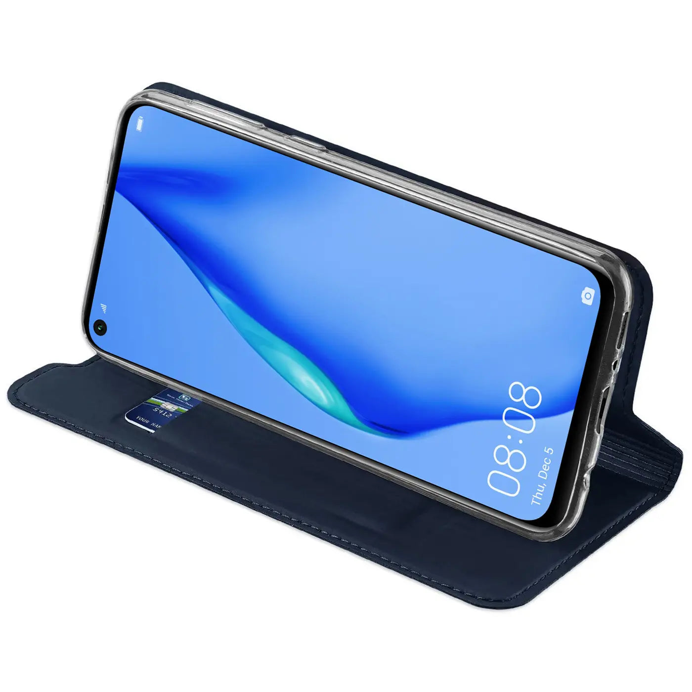 Dunkelblaue Kunstleder-Flip-Hülle mit Huawei P40 Lite, von vorne schräg.