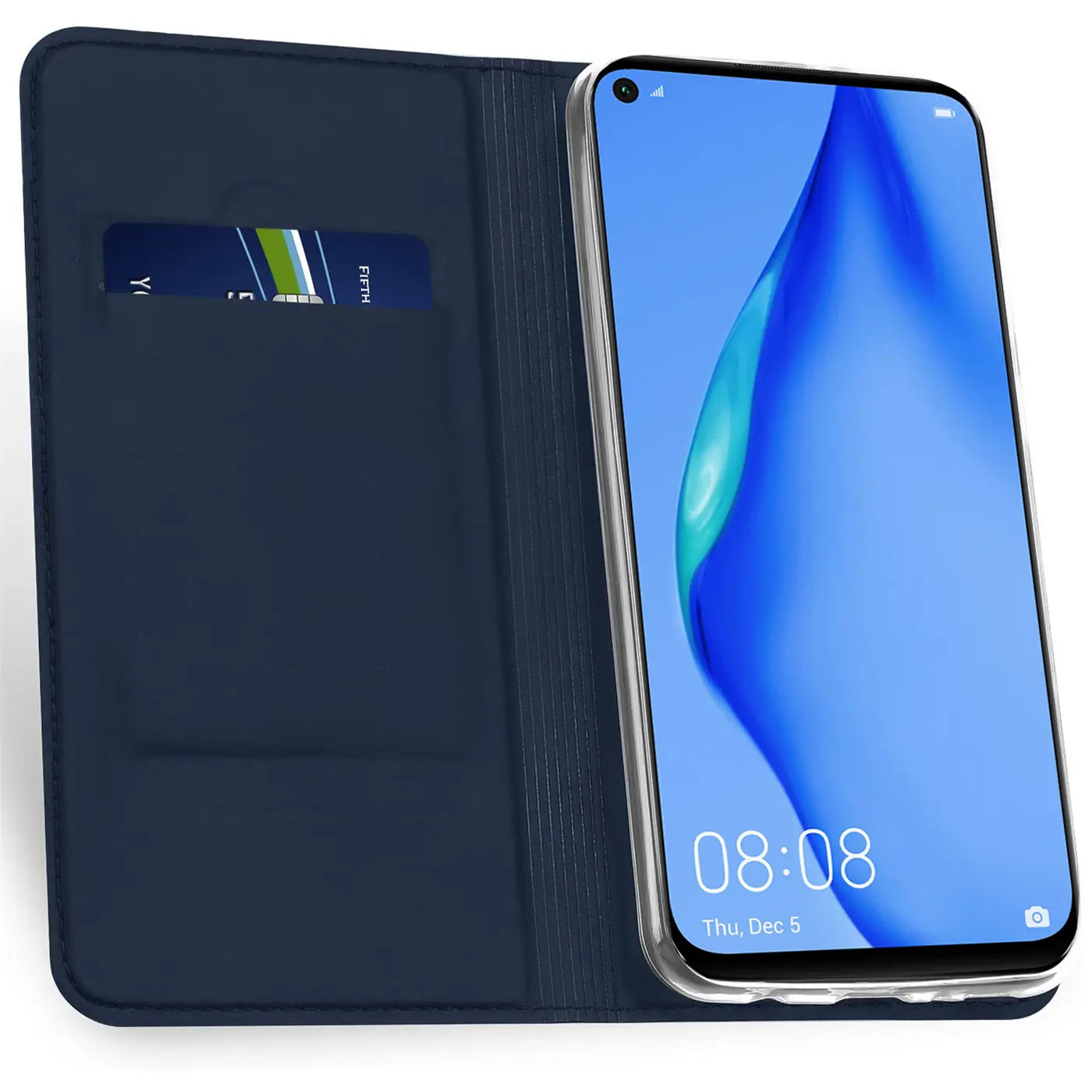 Dunkelblaue Leder-Flip-Hülle mit Kartenfach, Huawei P40 Lite, von vorne.