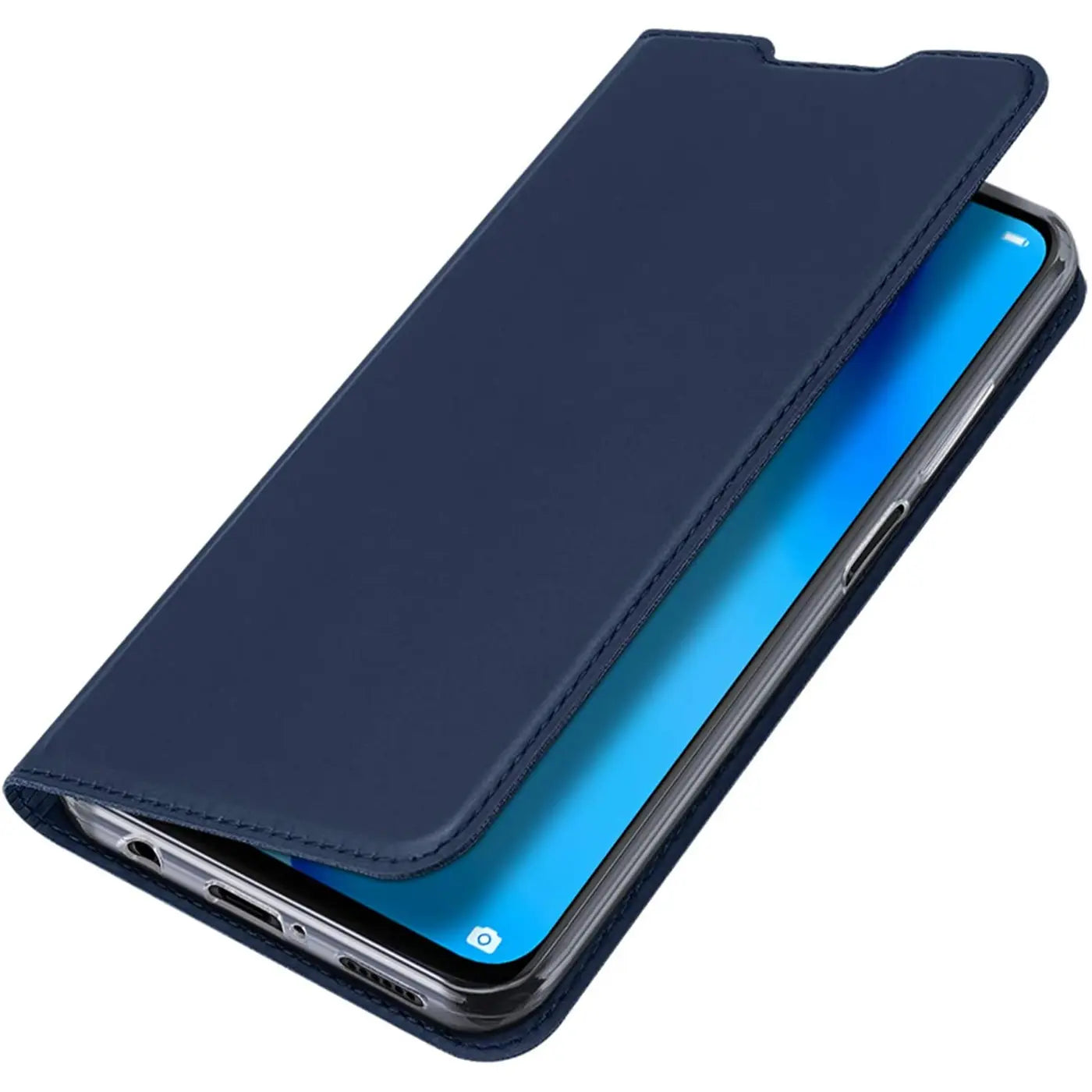 Dunkelblaue Leder-Flip-Hülle auf Huawei P40 Lite, von vorne schräg.