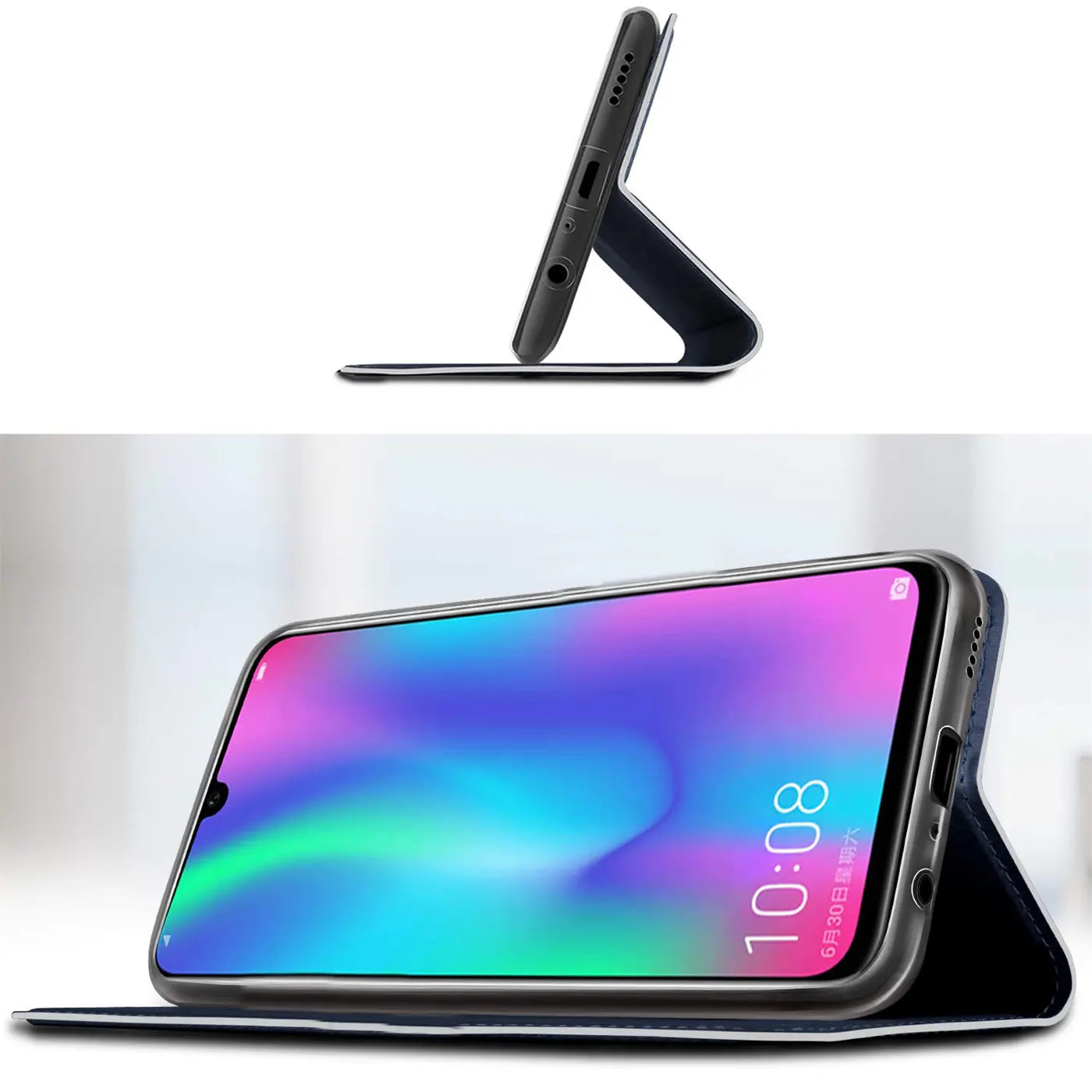 Metallic Flip Hülle für Huawei P40 Lite, dunkelblau, Lederoptik, von der Seite und vorne gezeigt.