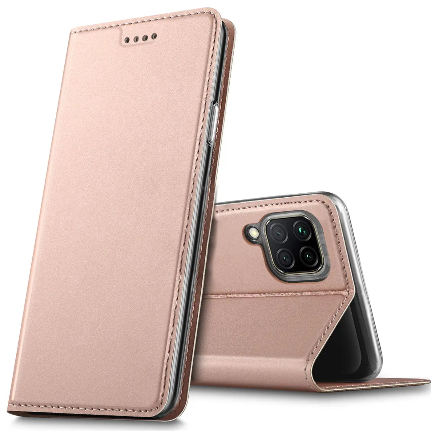 Metallic rosegoldene Klapphülle aus Kunstleder, Vorderansicht und Rückansicht mit Huawei P40 Lite